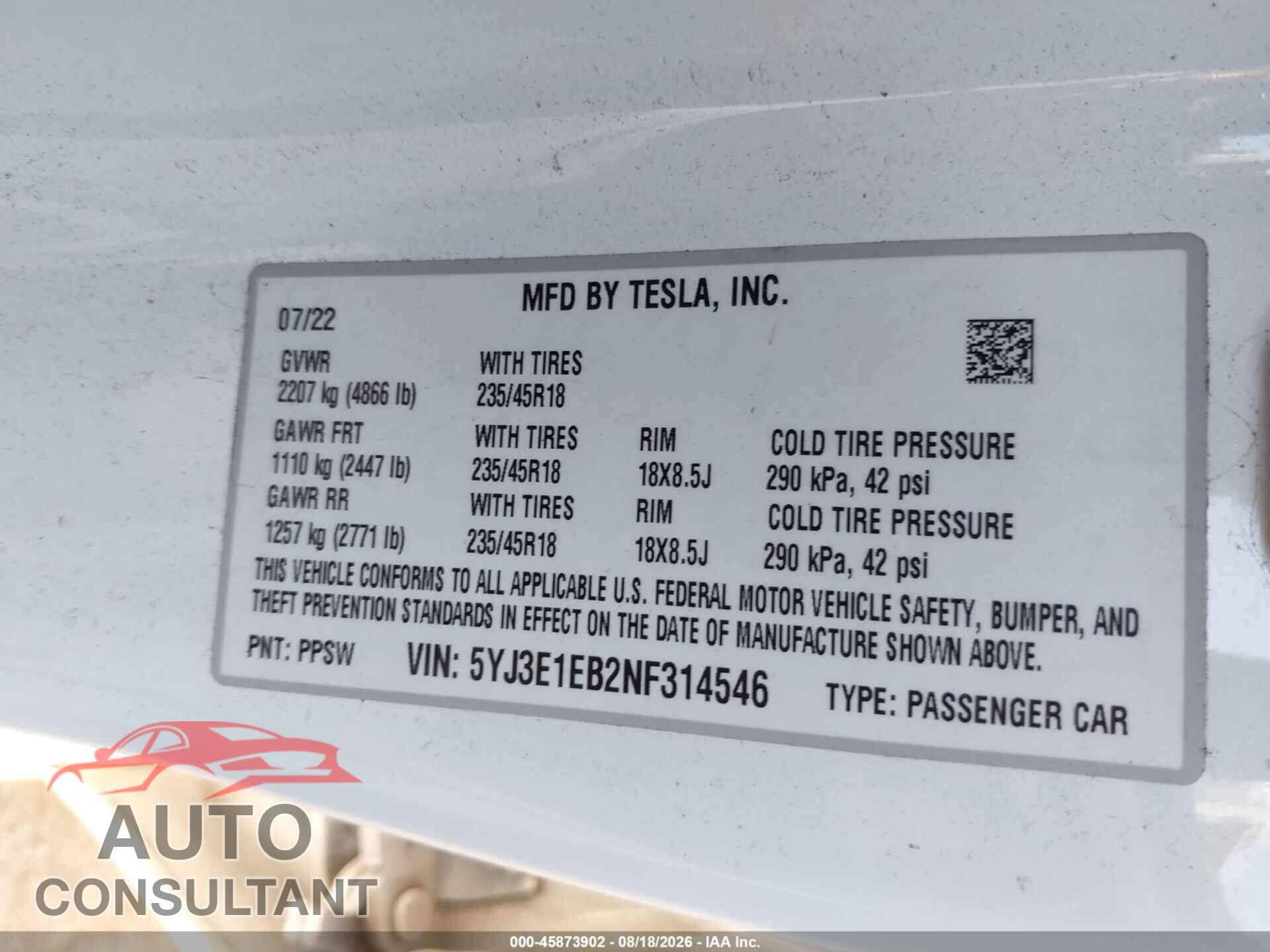 TESLA MODEL 3 2022 - 5YJ3E1EB2NF314546