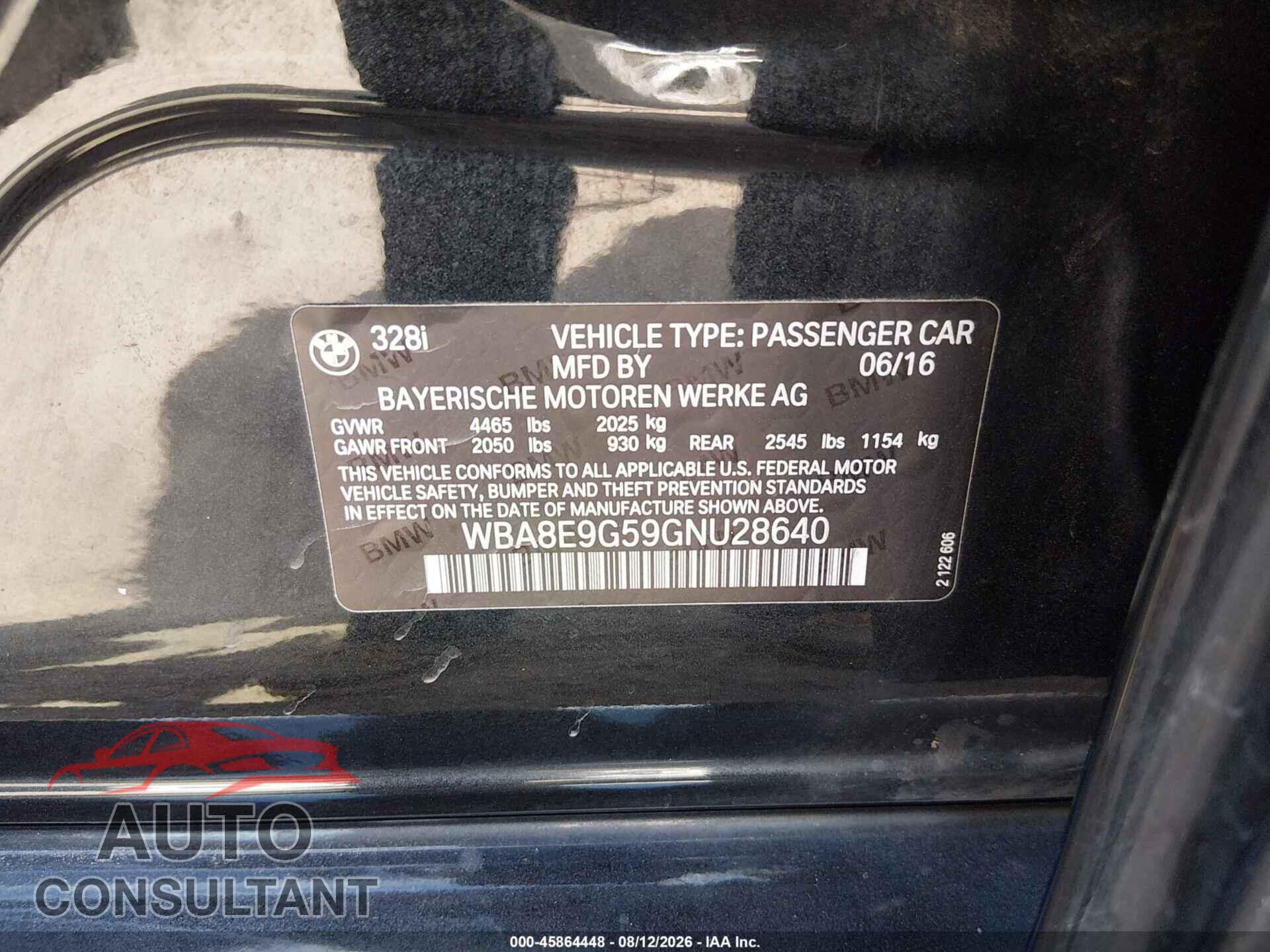 BMW 328I 2016 - WBA8E9G59GNU28640