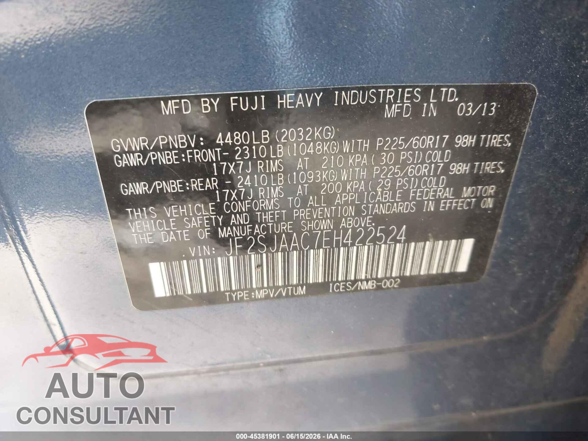 SUBARU FORESTER 2014 - JF2SJAAC7EH422524