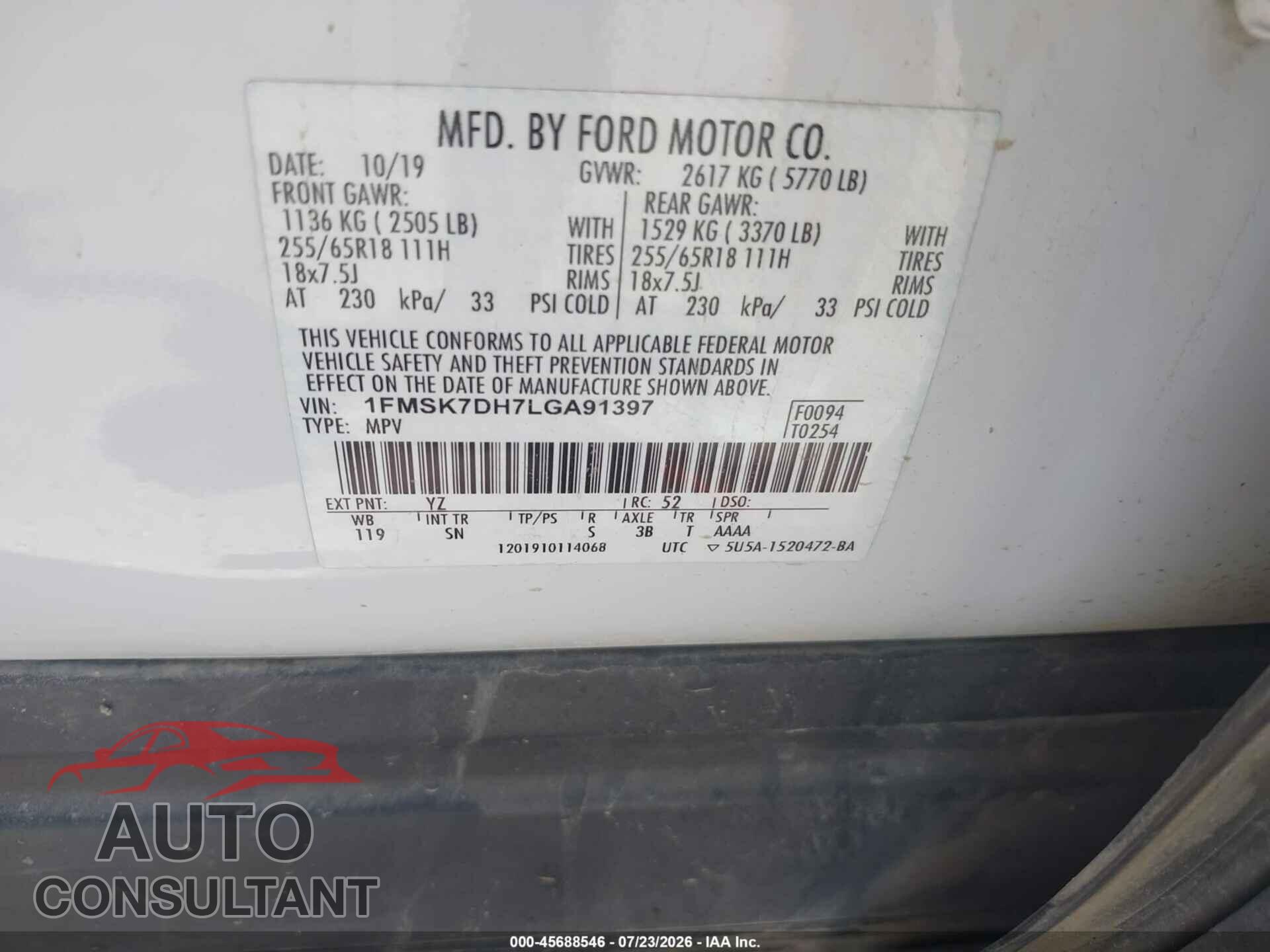 FORD EXPLORER 2020 - 1FMSK7DH7LGA91397