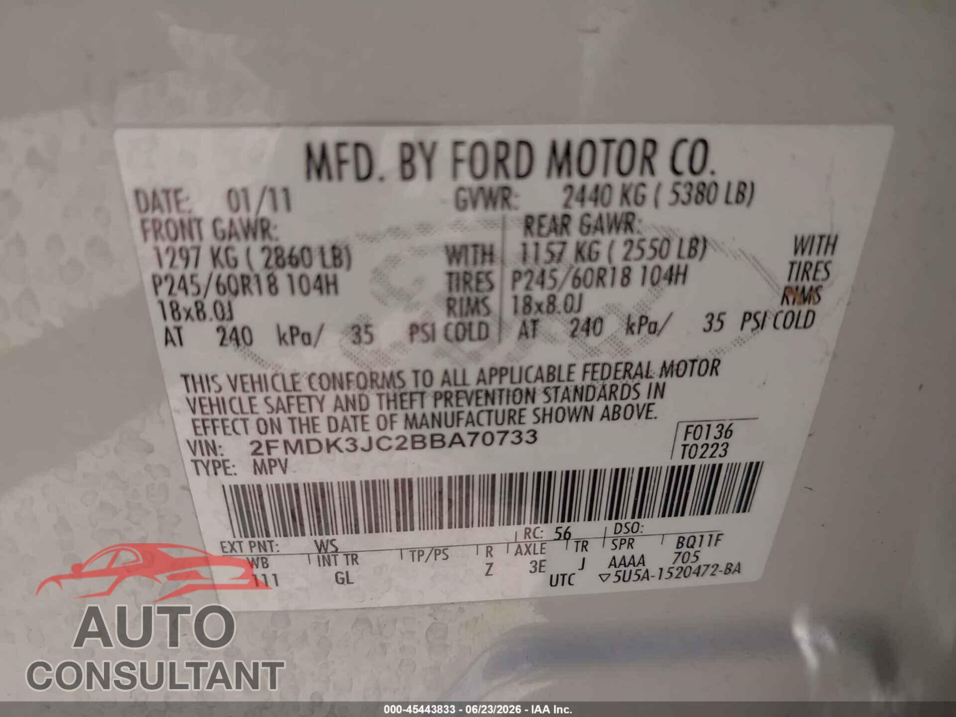 FORD EDGE 2011 - 2FMDK3JC2BBA70733