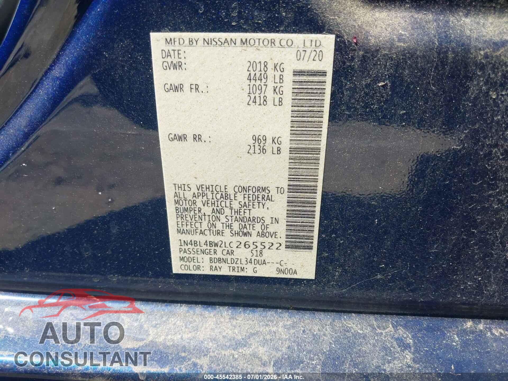 NISSAN ALTIMA 2020 - 1N4BL4BW2LC265522
