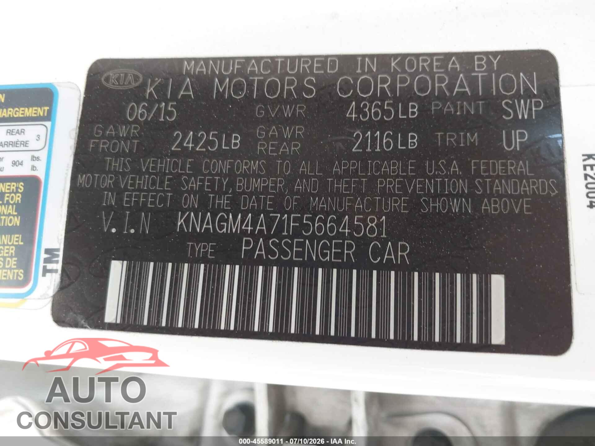 KIA OPTIMA 2015 - KNAGM4A71F5664581