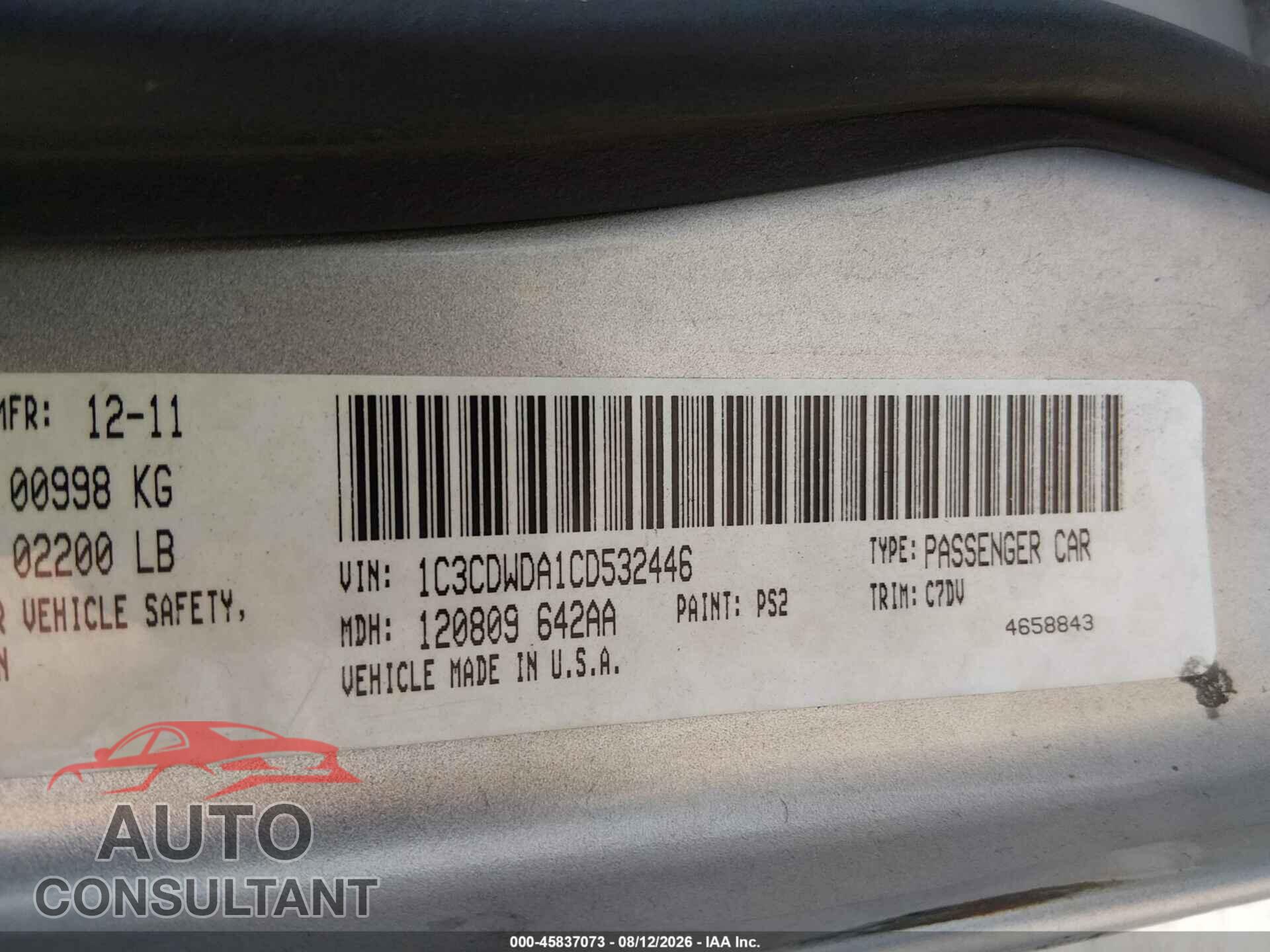 DODGE CALIBER 2012 - 1C3CDWDA1CD532446