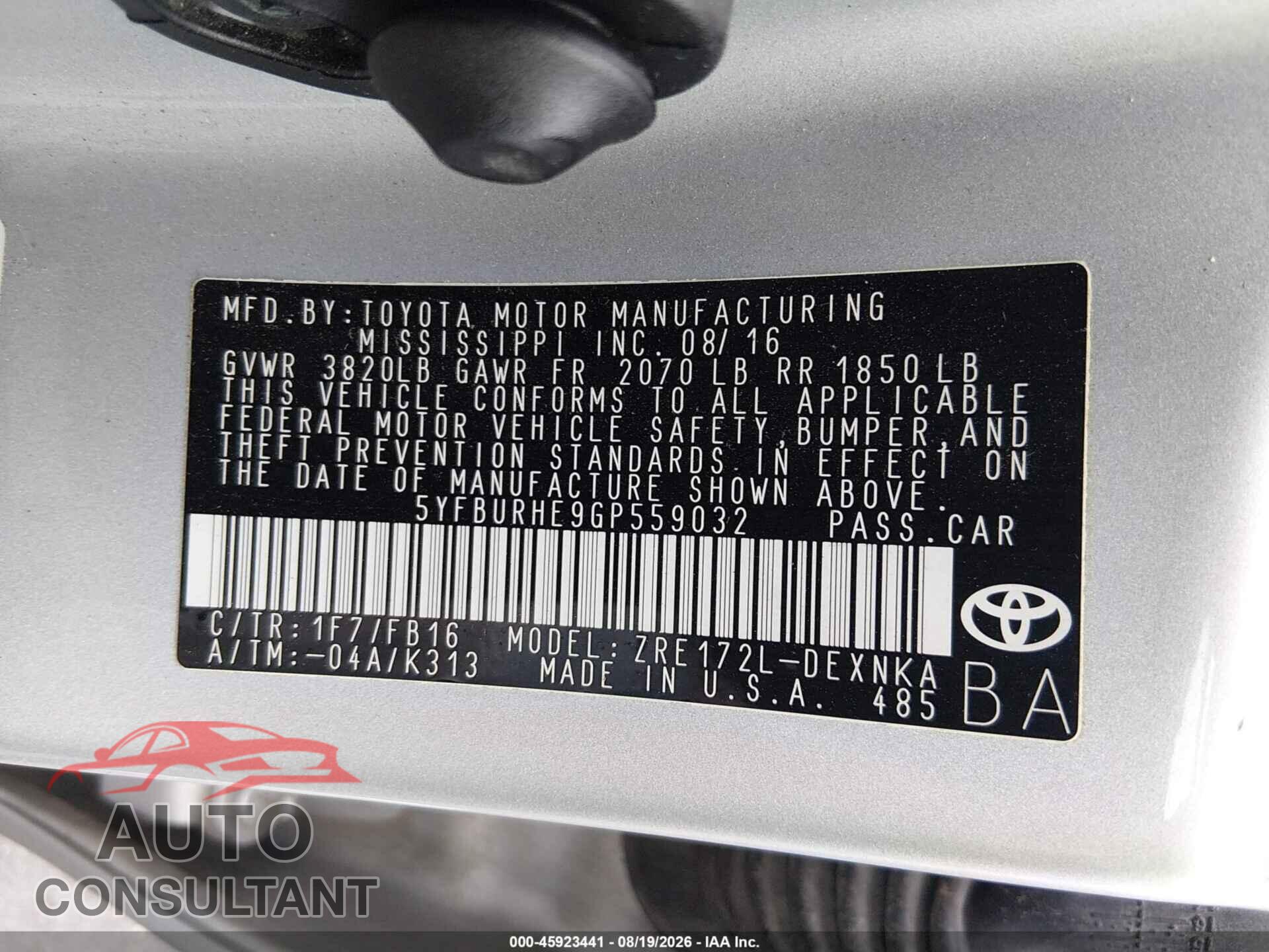 TOYOTA COROLLA 2016 - 5YFBURHE9GP559032