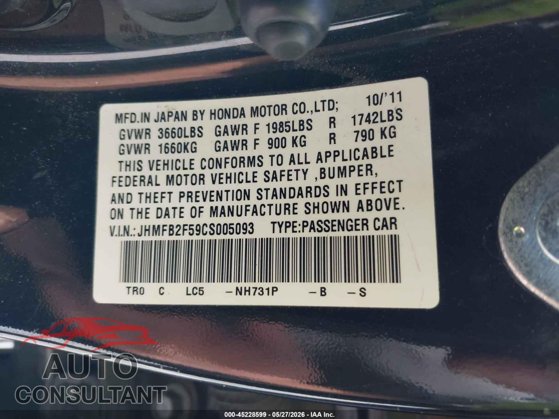 HONDA CIVIC 2012 - JHMFB2F59CS005093