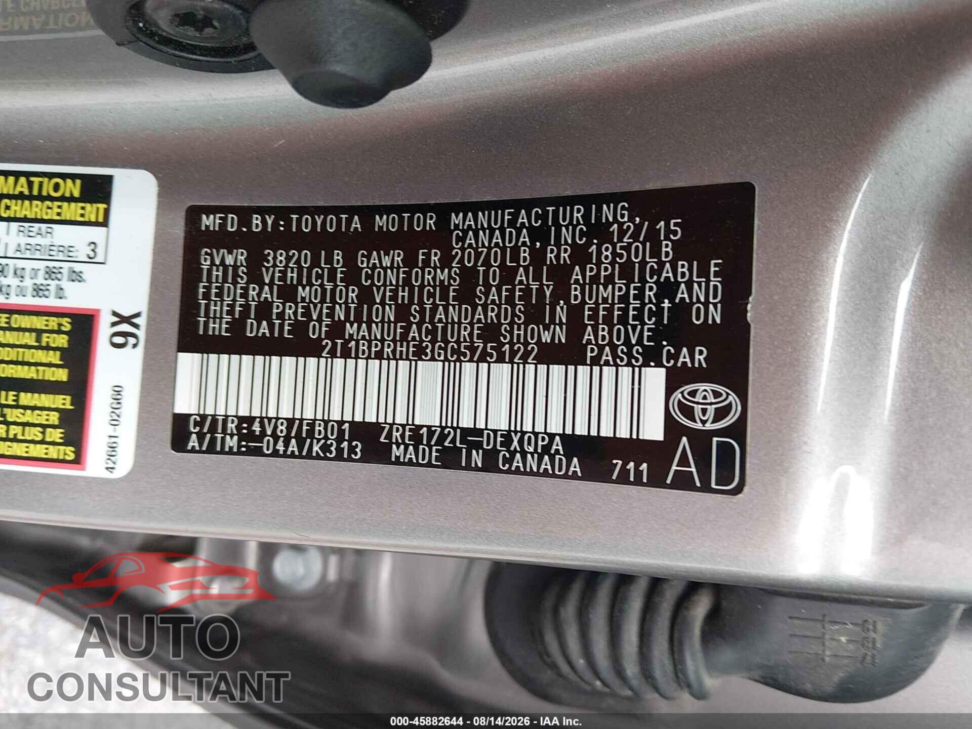 TOYOTA COROLLA 2016 - 2T1BPRHE3GC575122