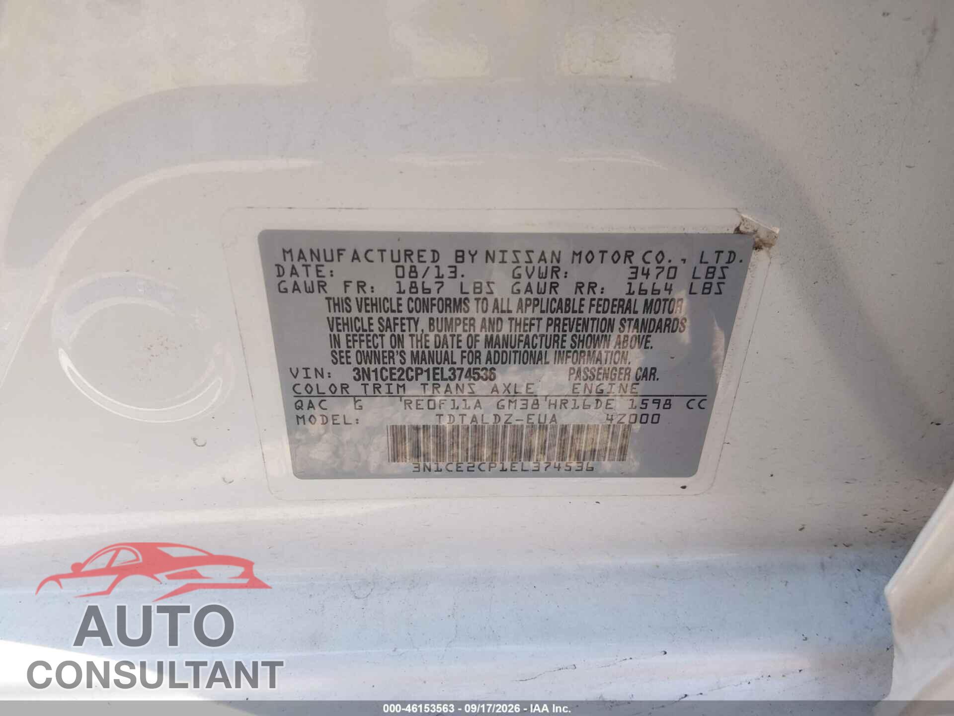 NISSAN VERSA NOTE 2014 - 3N1CE2CP1EL374536