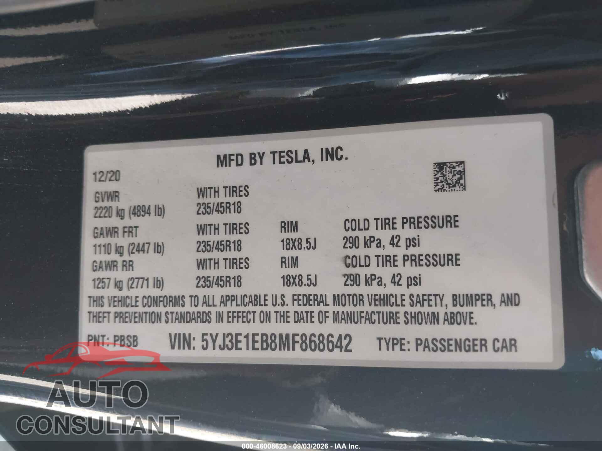 TESLA MODEL 3 2021 - 5YJ3E1EB8MF868642