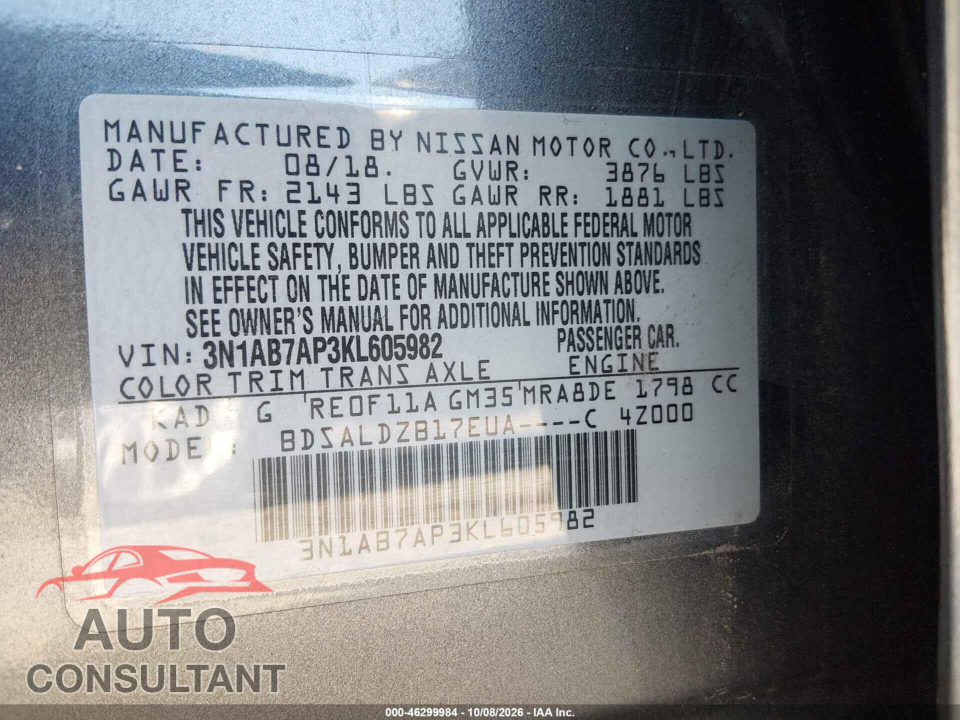 NISSAN SENTRA 2019 - 3N1AB7AP3KL605982