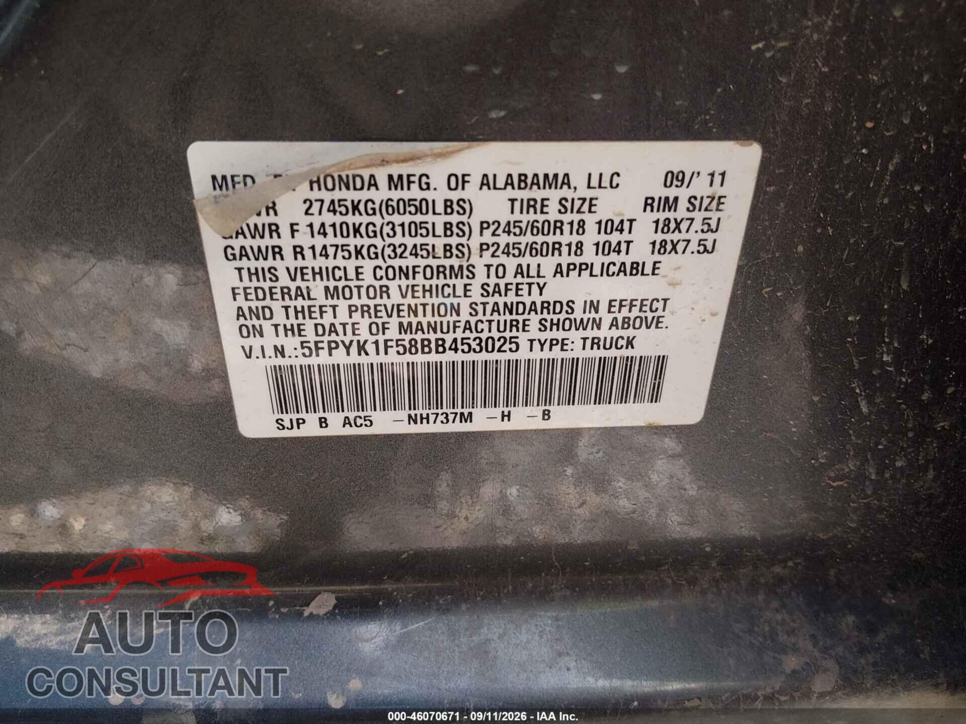 HONDA RIDGELINE 2011 - 5FPYK1F58BB453025