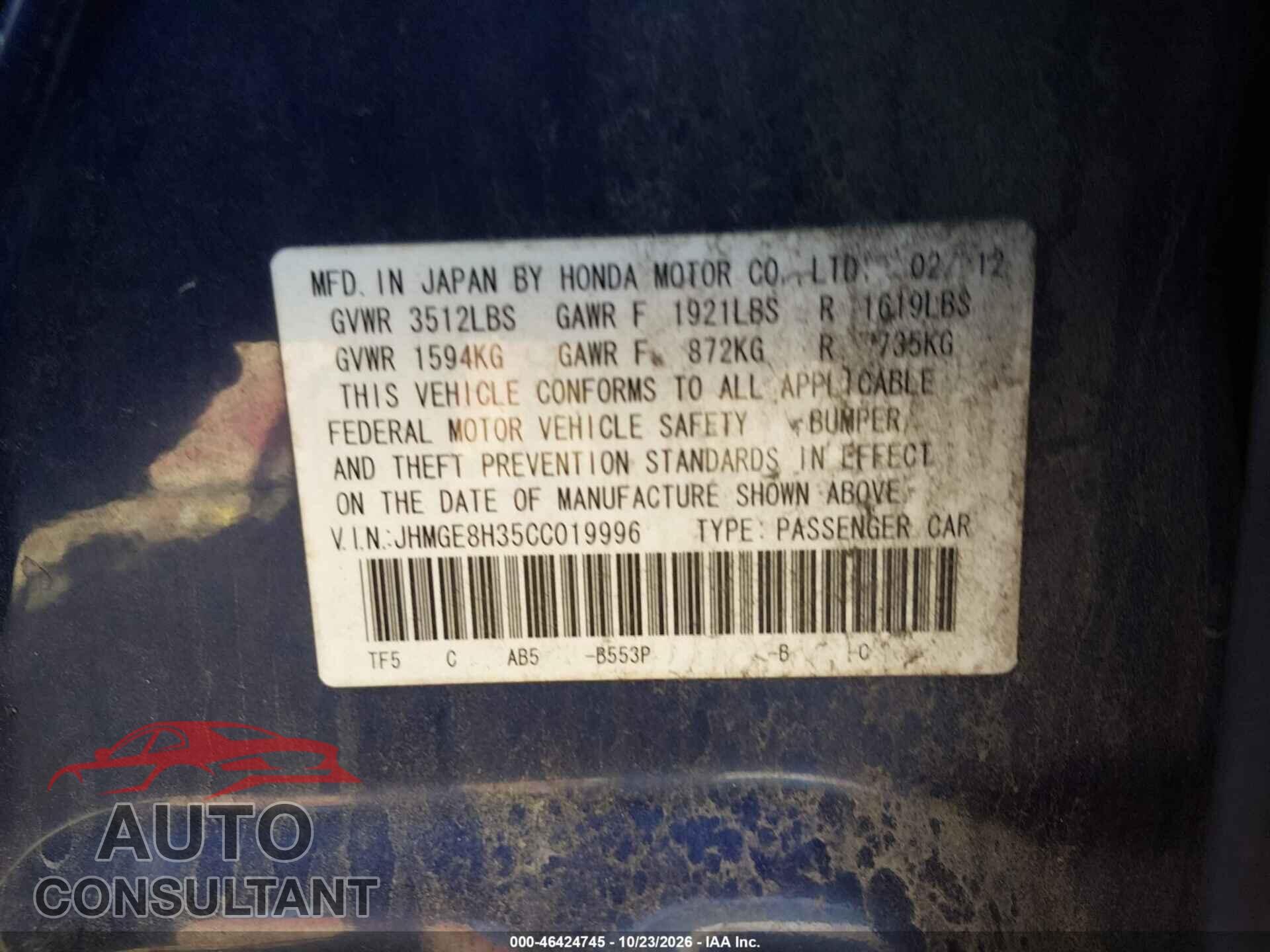 HONDA FIT 2012 - JHMGE8H35CC019996