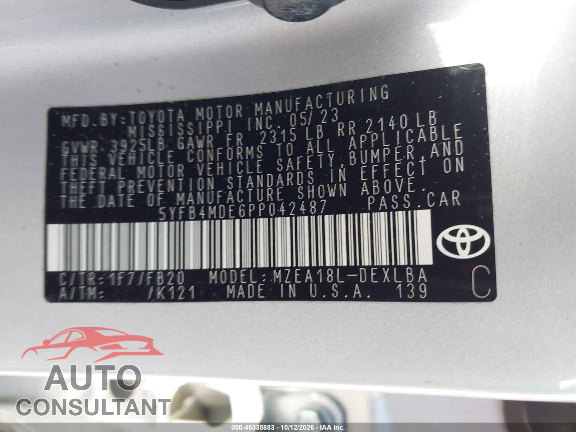 TOYOTA COROLLA 2023 - 5YFB4MDE6PP042487