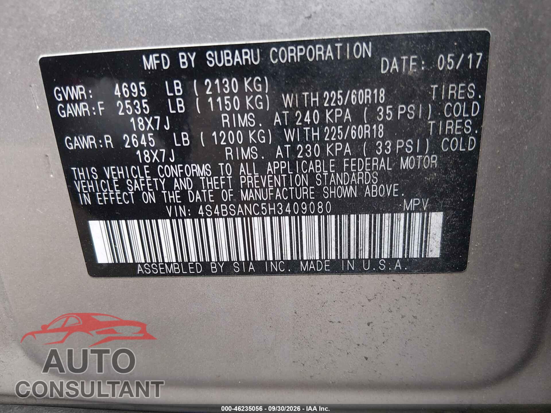SUBARU OUTBACK 2017 - 4S4BSANC5H3409080