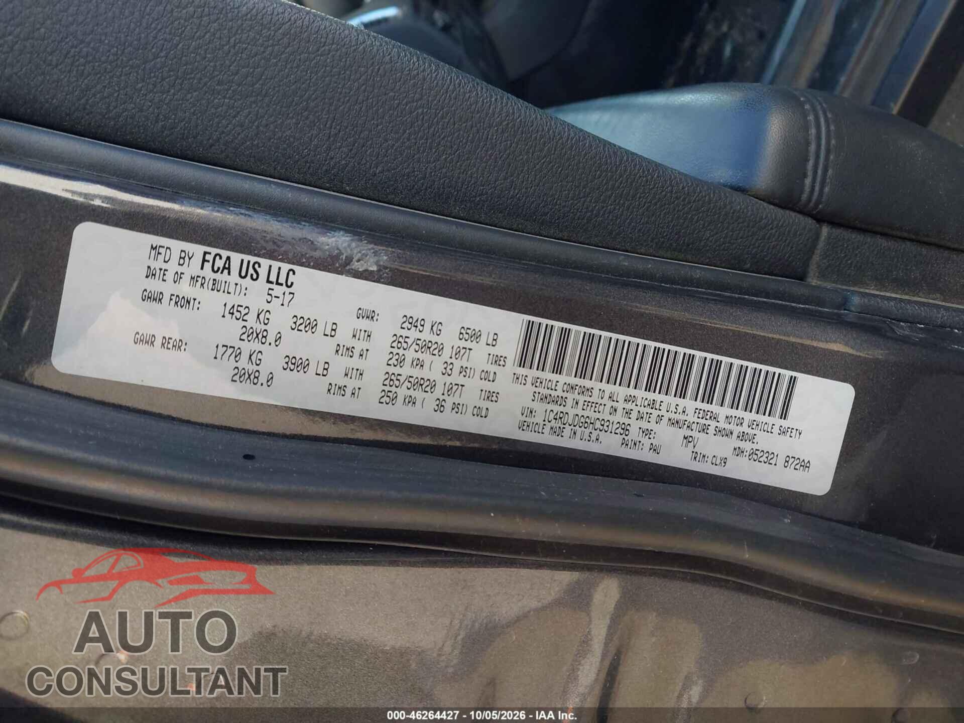 DODGE DURANGO 2017 - 1C4RDJDG6HC931296