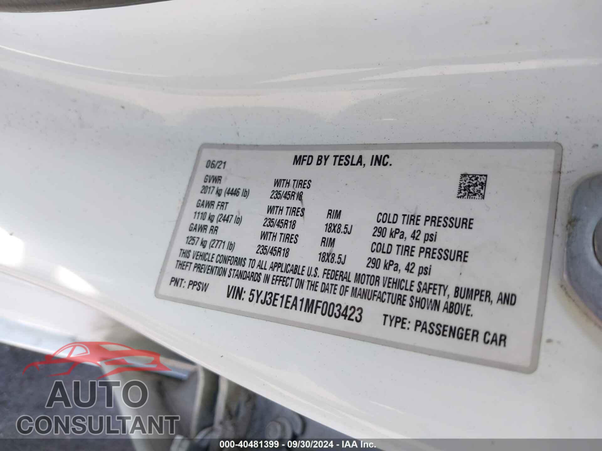 TESLA MODEL 3 2021 - 5YJ3E1EA1MF003423