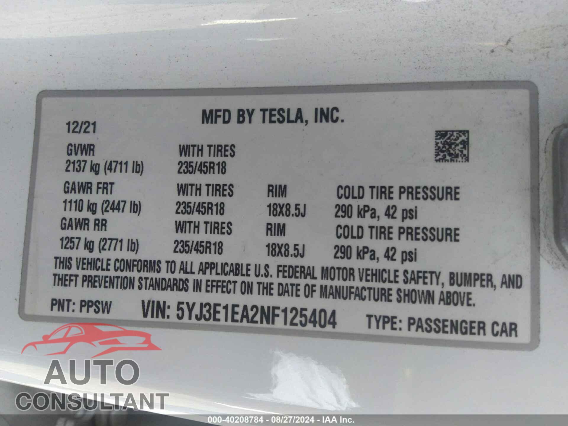 TESLA MODEL 3 2022 - 5YJ3E1EA2NF125404