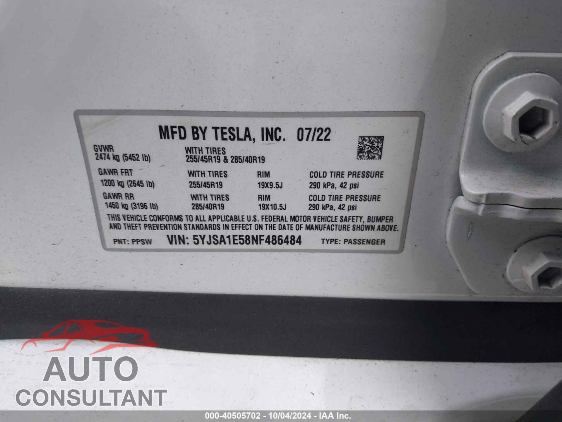 TESLA MODEL S 2022 - 5YJSA1E58NF486484