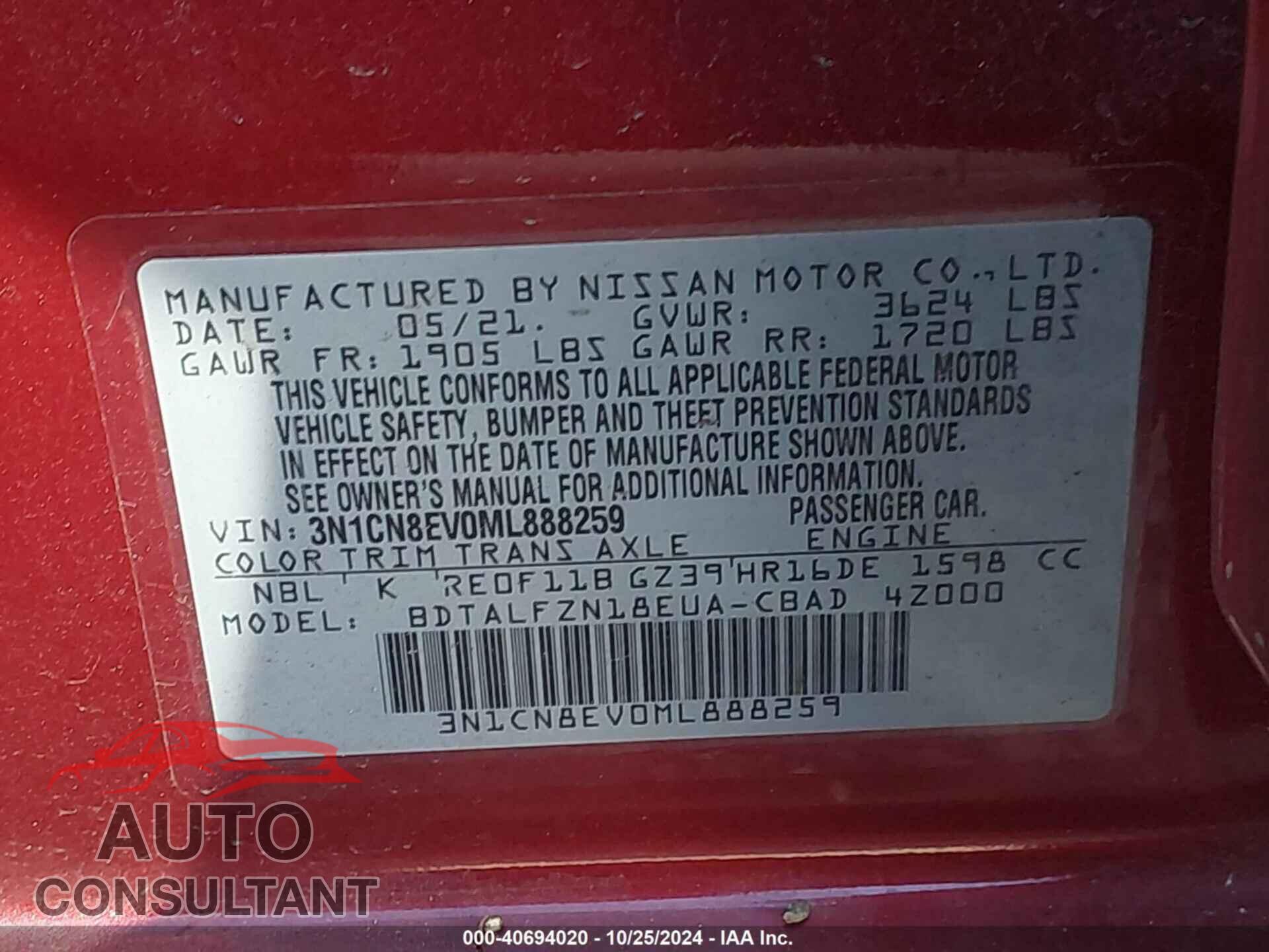 NISSAN VERSA 2021 - 3N1CN8EV0ML888259