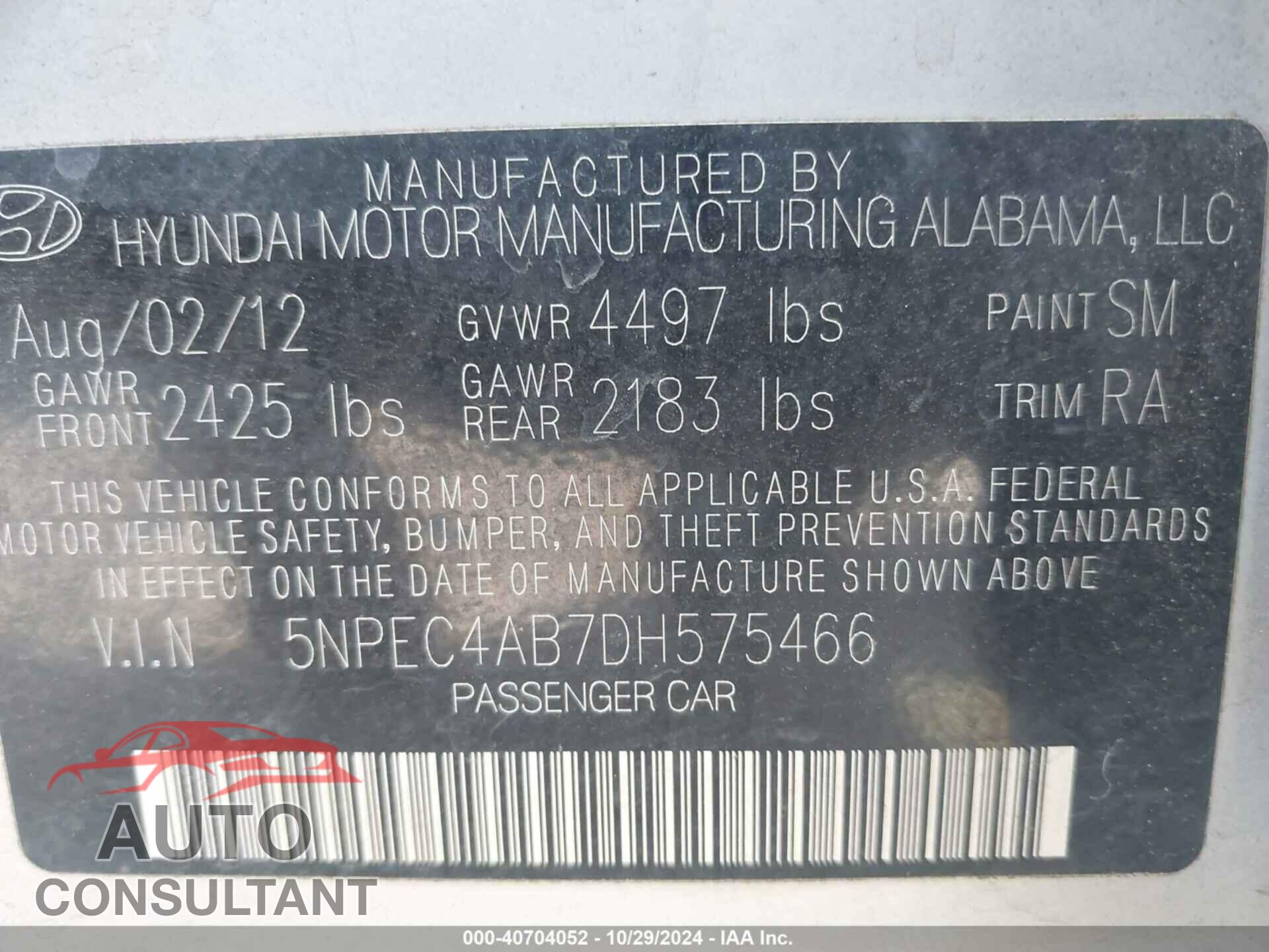 HYUNDAI SONATA 2013 - 5NPEC4AB7DH575466