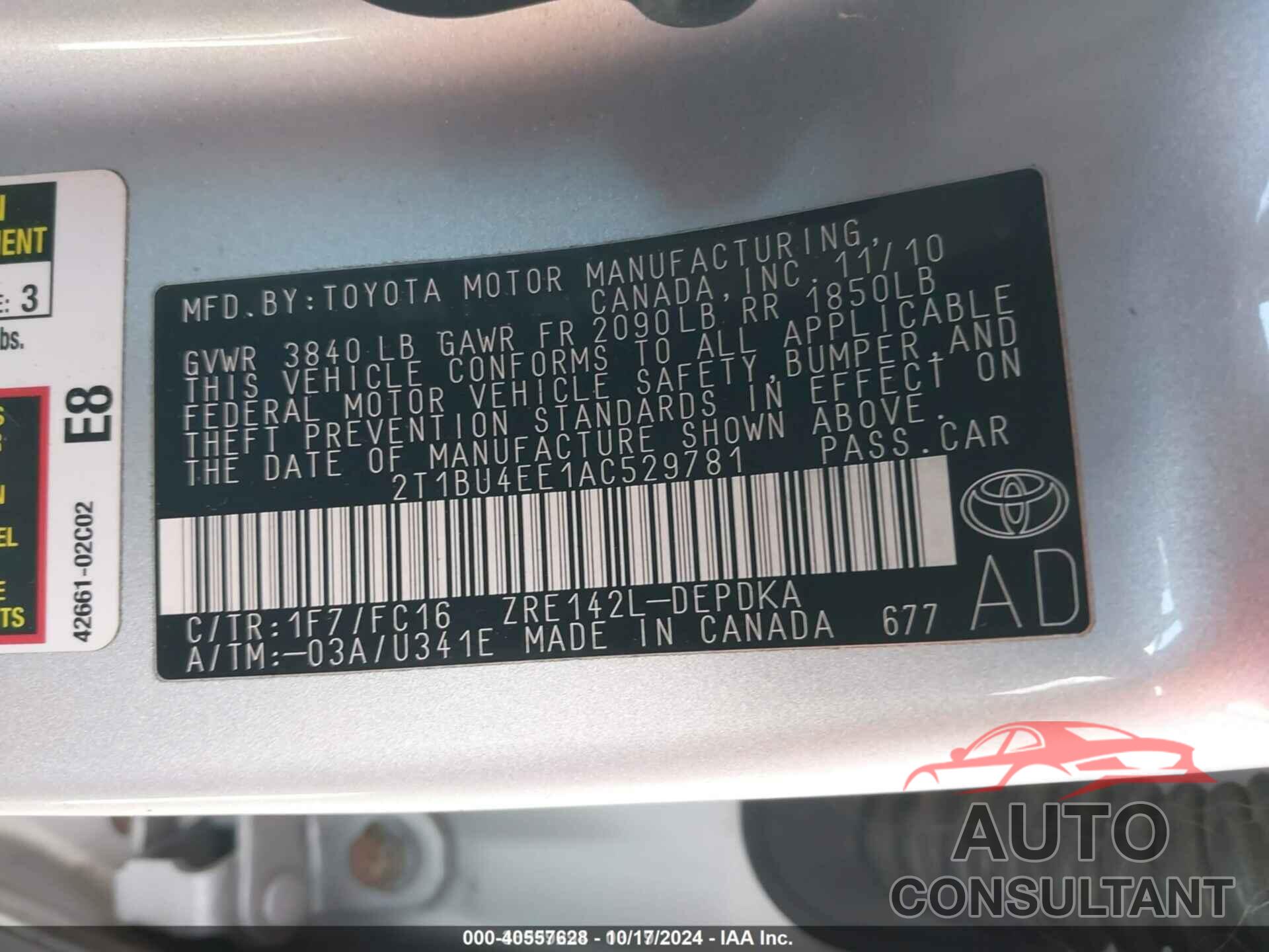 TOYOTA COROLLA 2010 - 2T1BU4EE1AC529781