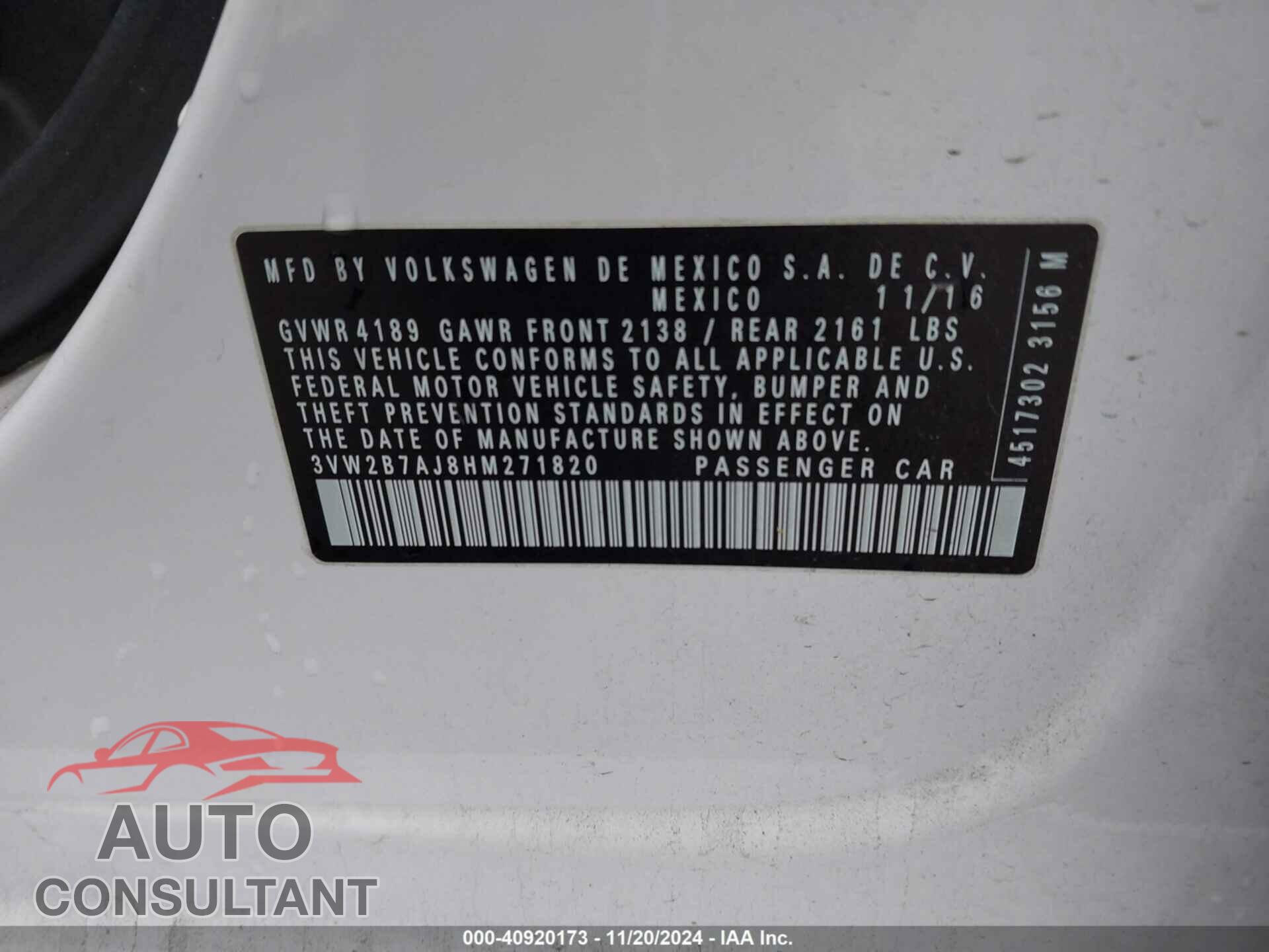 VOLKSWAGEN JETTA 2017 - 3VW2B7AJ8HM271820