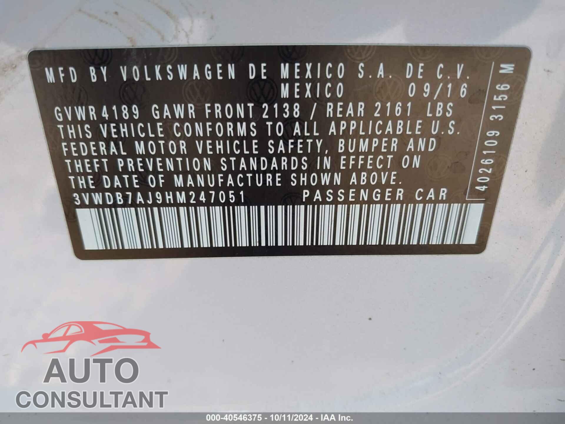 VOLKSWAGEN JETTA 2017 - 3VWDB7AJ9HM247051