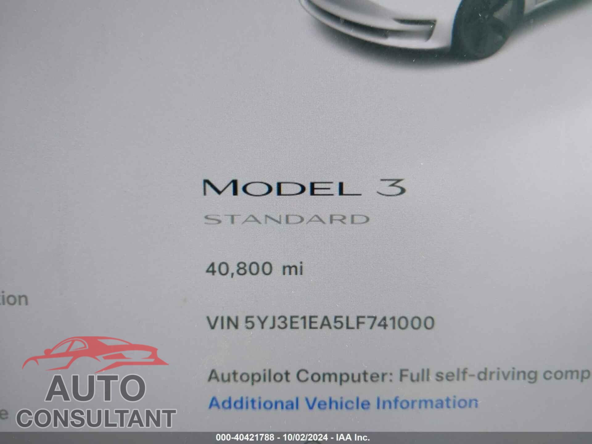 TESLA MODEL 3 2020 - 5YJ3E1EA5LF741000