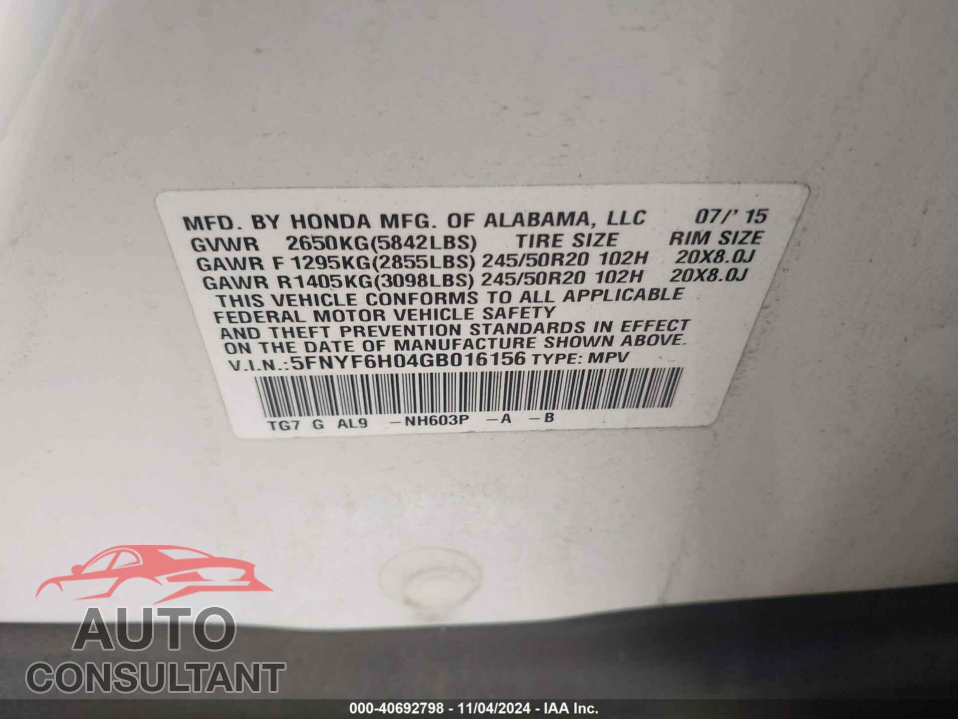 HONDA PILOT 2016 - 5FNYF6H04GB016156