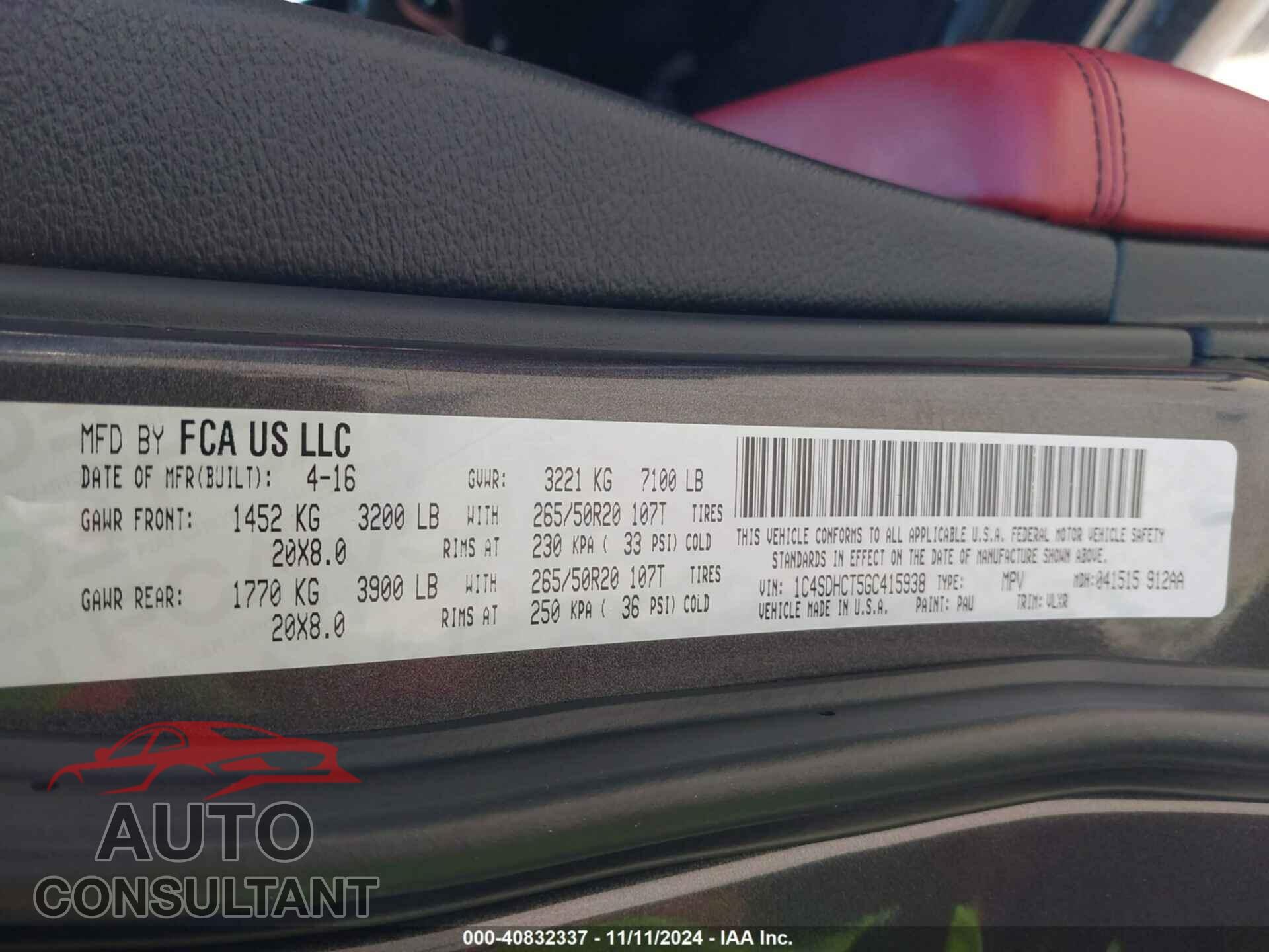 DODGE DURANGO 2016 - 1C4SDHCT5GC415938