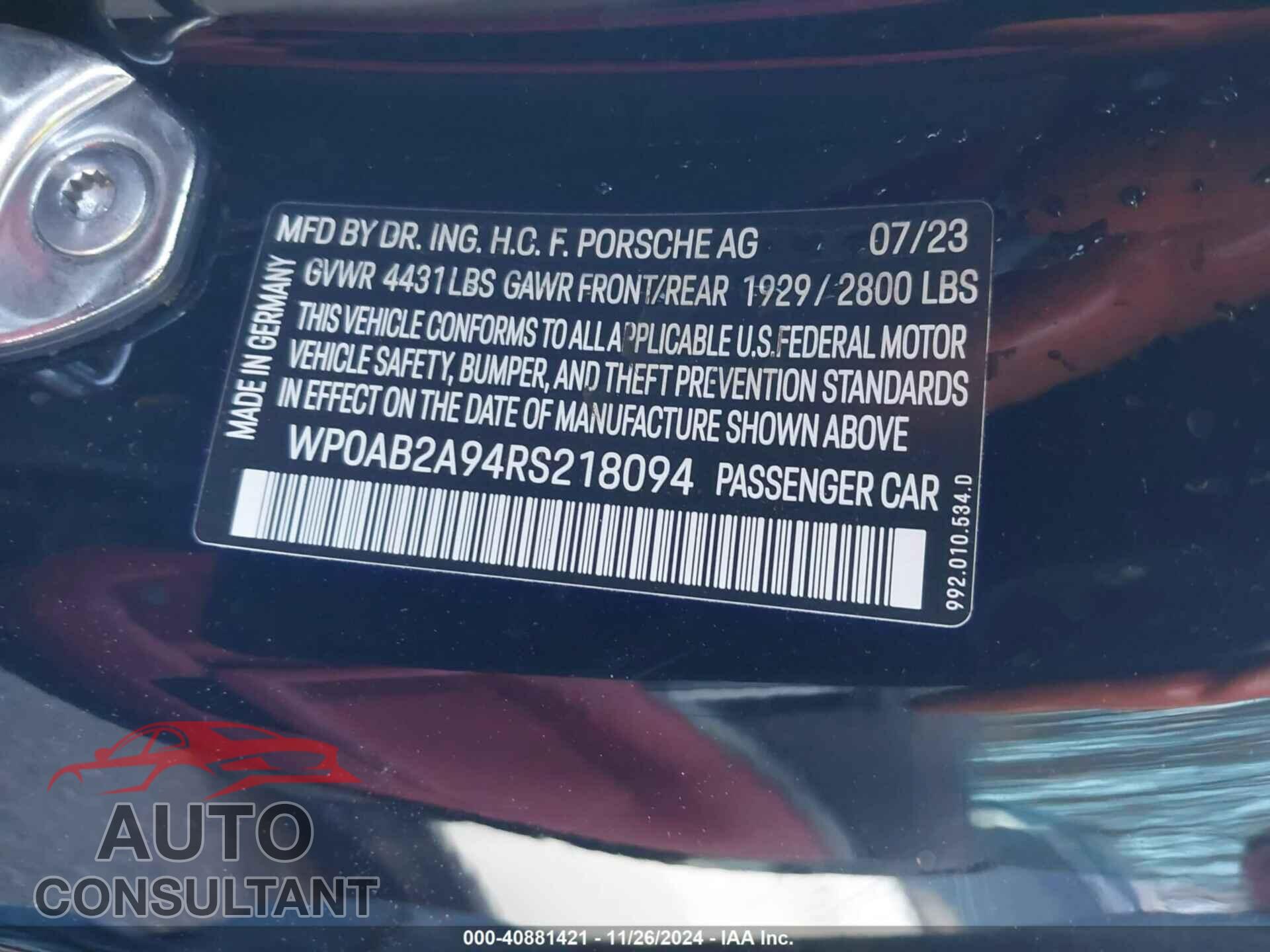 PORSCHE 911 2024 - WP0AB2A94RS218094
