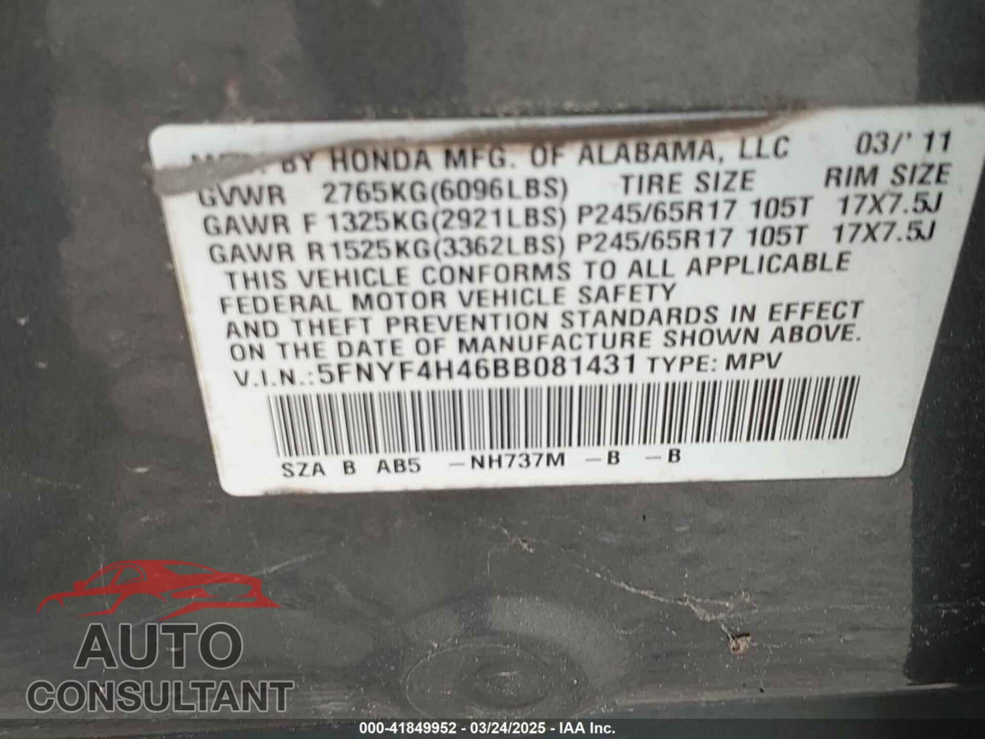 HONDA PILOT 2011 - 5FNYF4H46BB081431