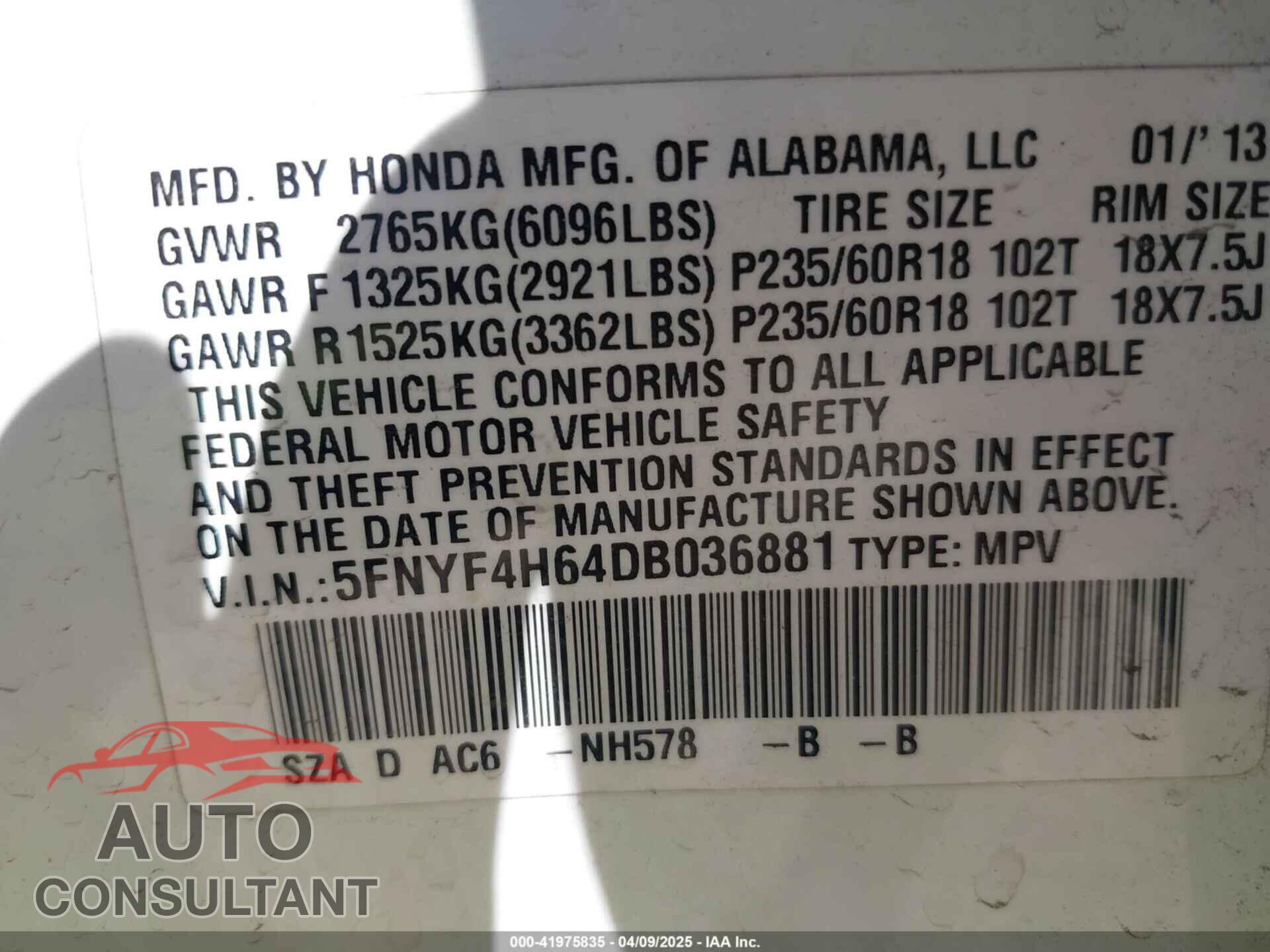 HONDA PILOT 2013 - 5FNYF4H64DB036881