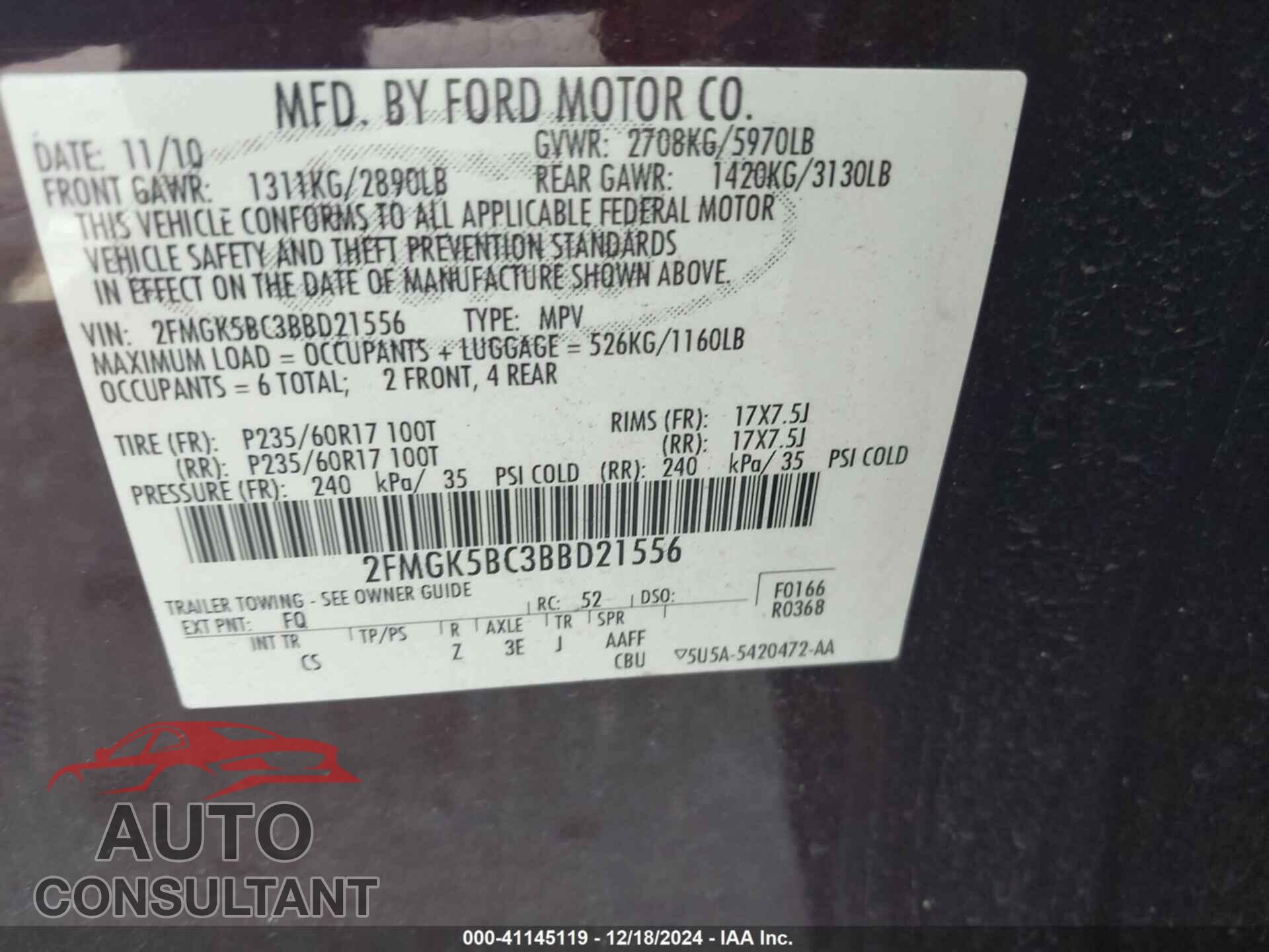 FORD FLEX 2011 - 2FMGK5BC3BBD21556