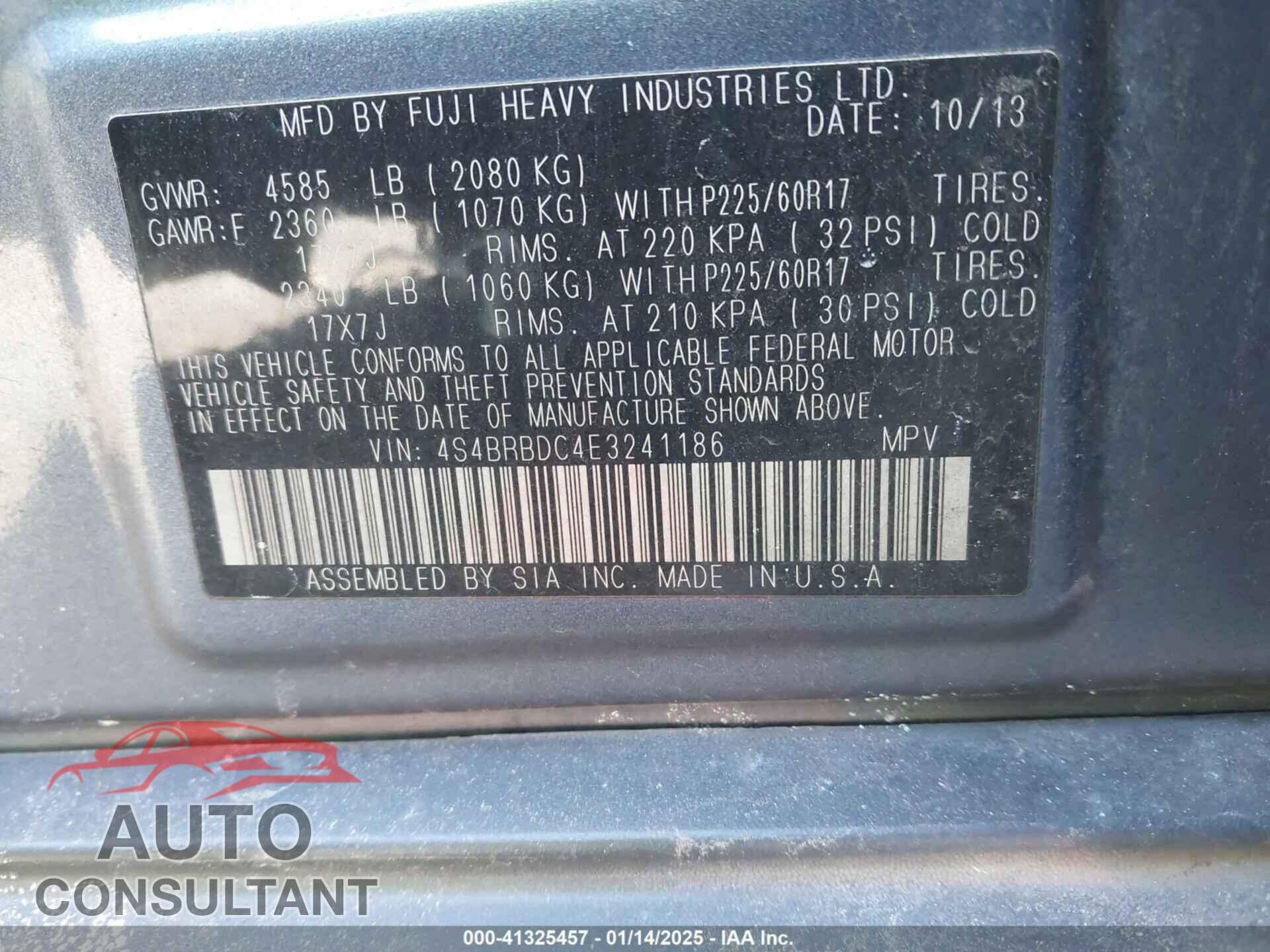 SUBARU OUTBACK 2014 - 4S4BRBDC4E3241186