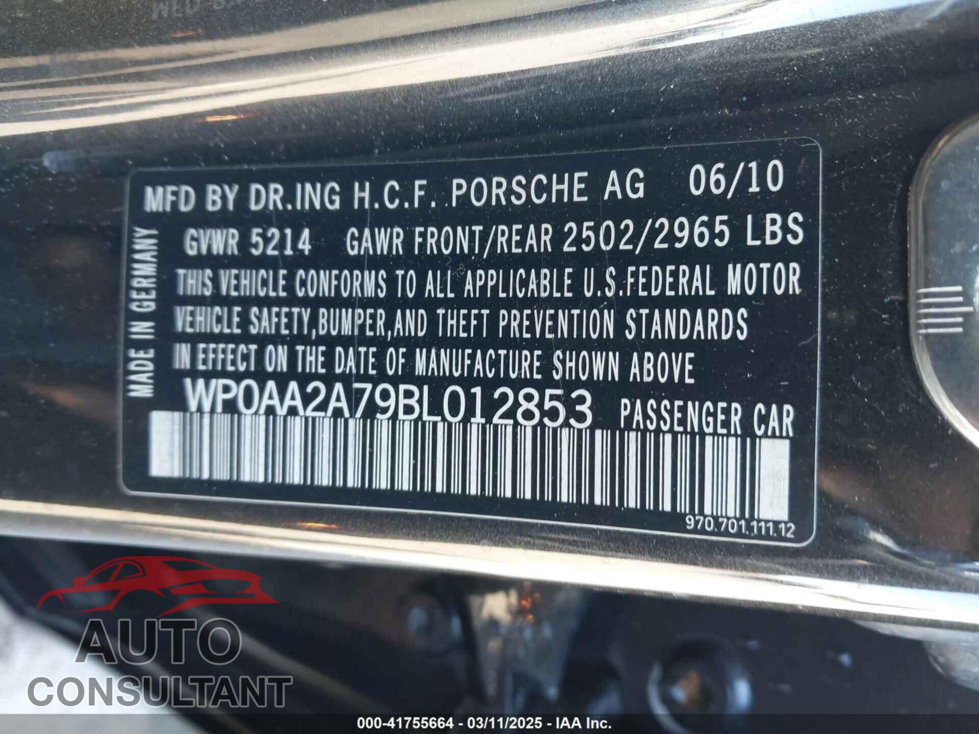 PORSCHE PANAMERA 2011 - WP0AA2A79BL012853