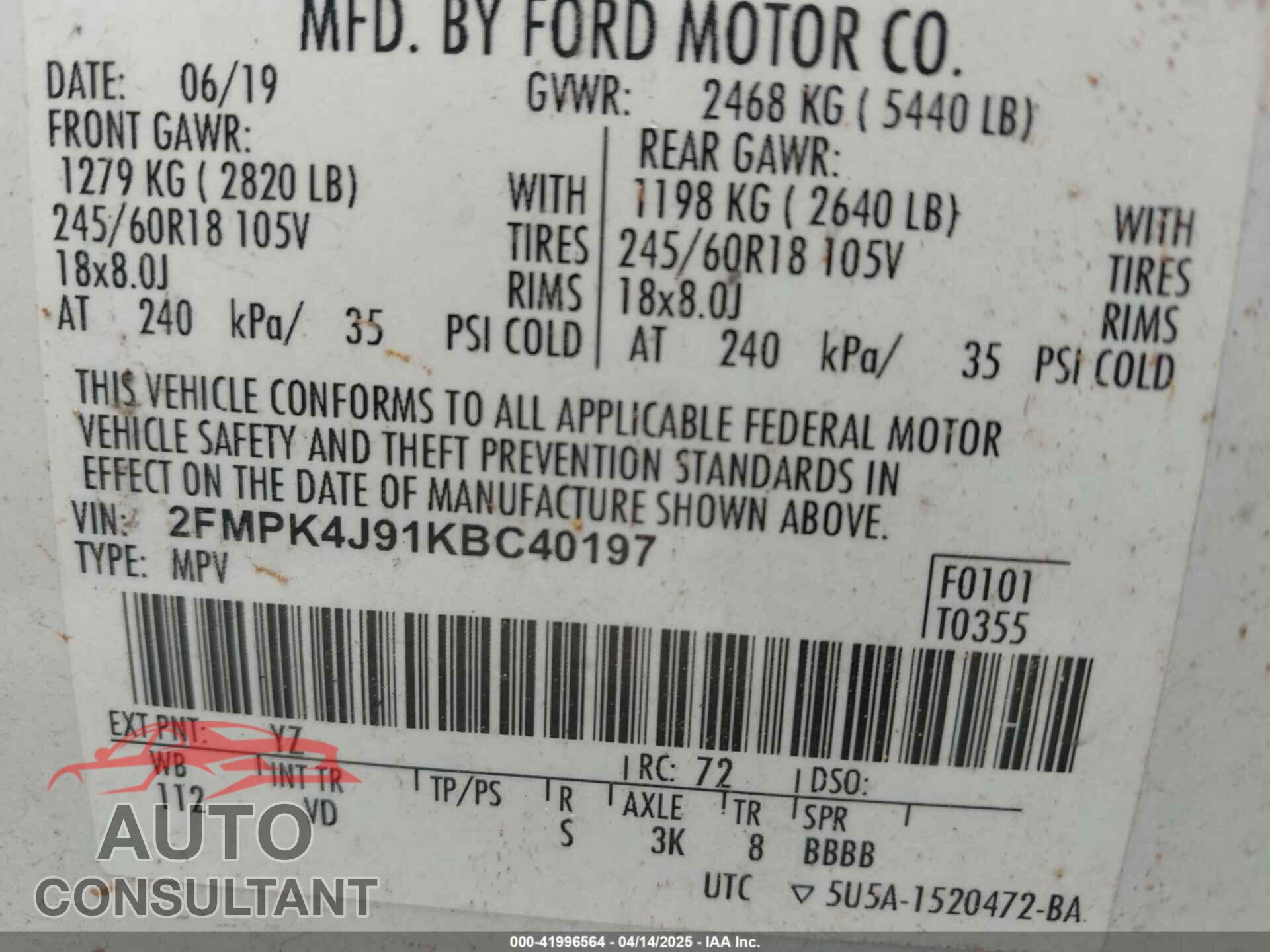 FORD EDGE 2019 - 2FMPK4J91KBC40197