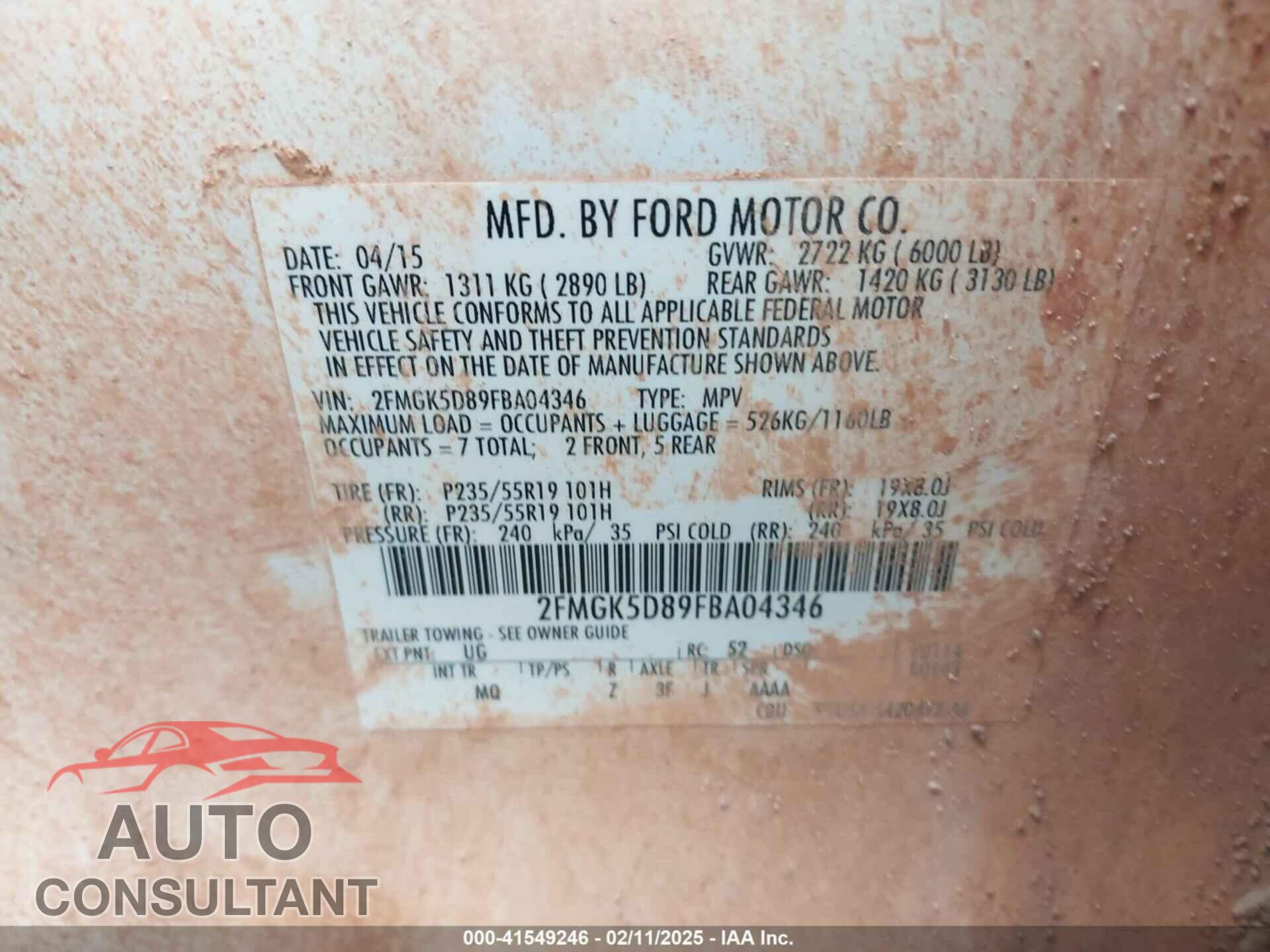 FORD FLEX 2015 - 2FMGK5D89FBA04346
