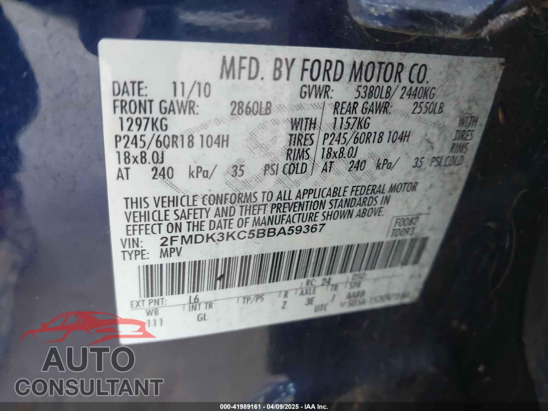 FORD EDGE 2011 - 2FMDK3KC5BBA59367