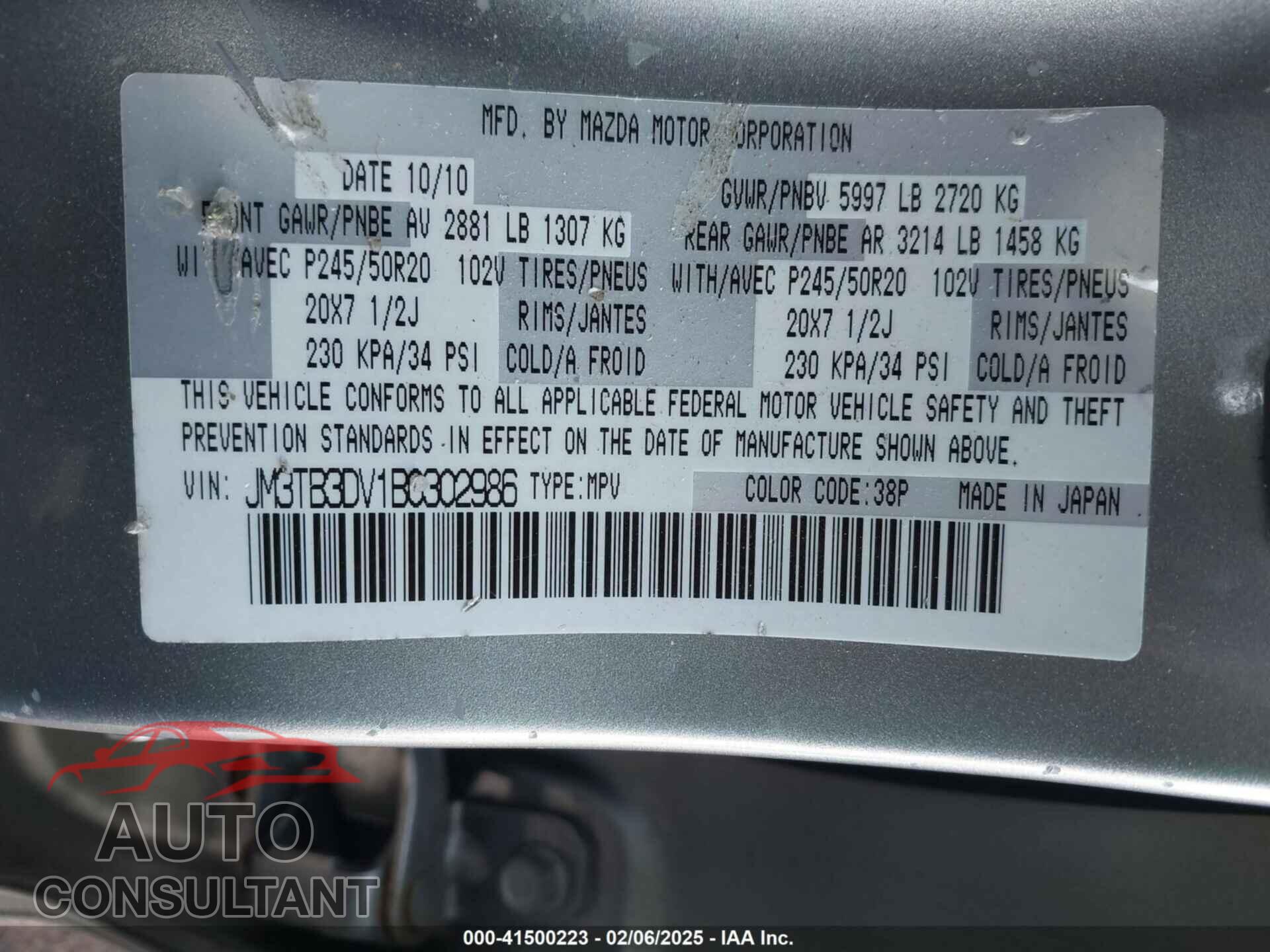 MAZDA CX-9 2011 - JM3TB3DV1B0302986