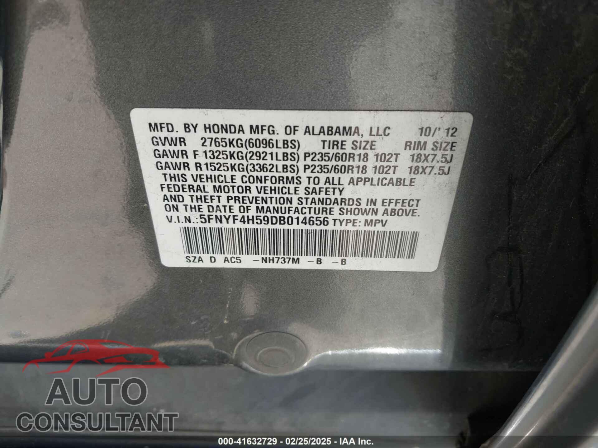 HONDA PILOT 2013 - 5FNYF4H59DB014656