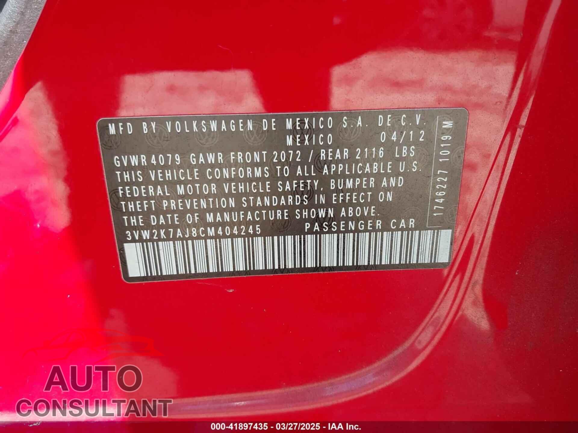 VOLKSWAGEN JETTA 2012 - 3VW2K7AJ8CM404245