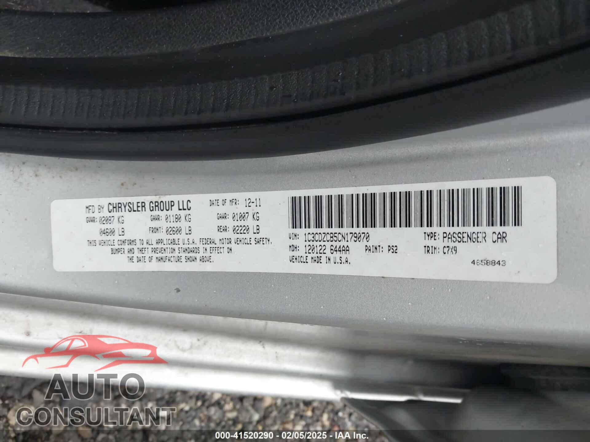 DODGE AVENGER 2012 - 1C3CDZCB5CN179070