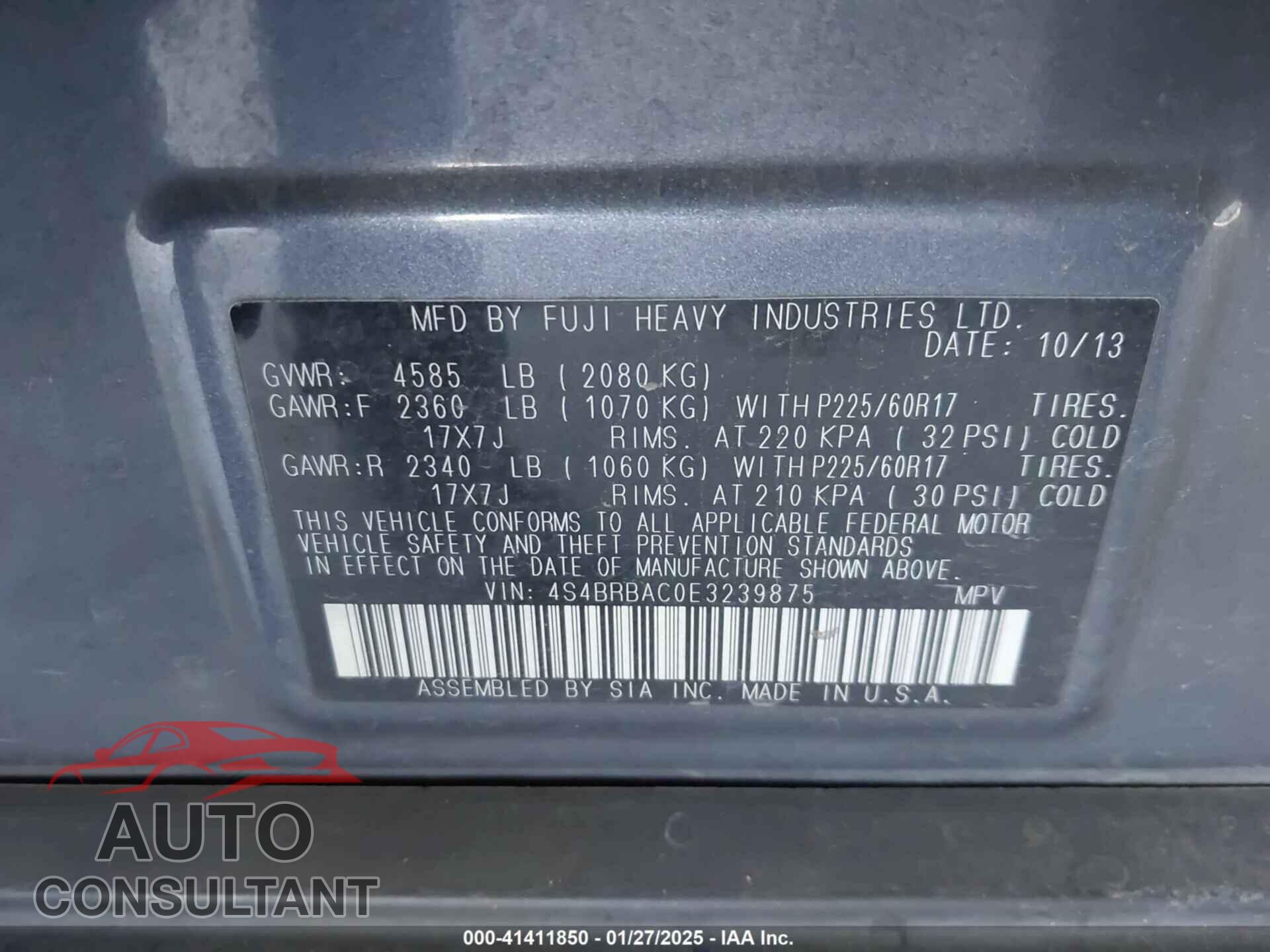 SUBARU OUTBACK 2014 - 4S4BRBAC0E3239875