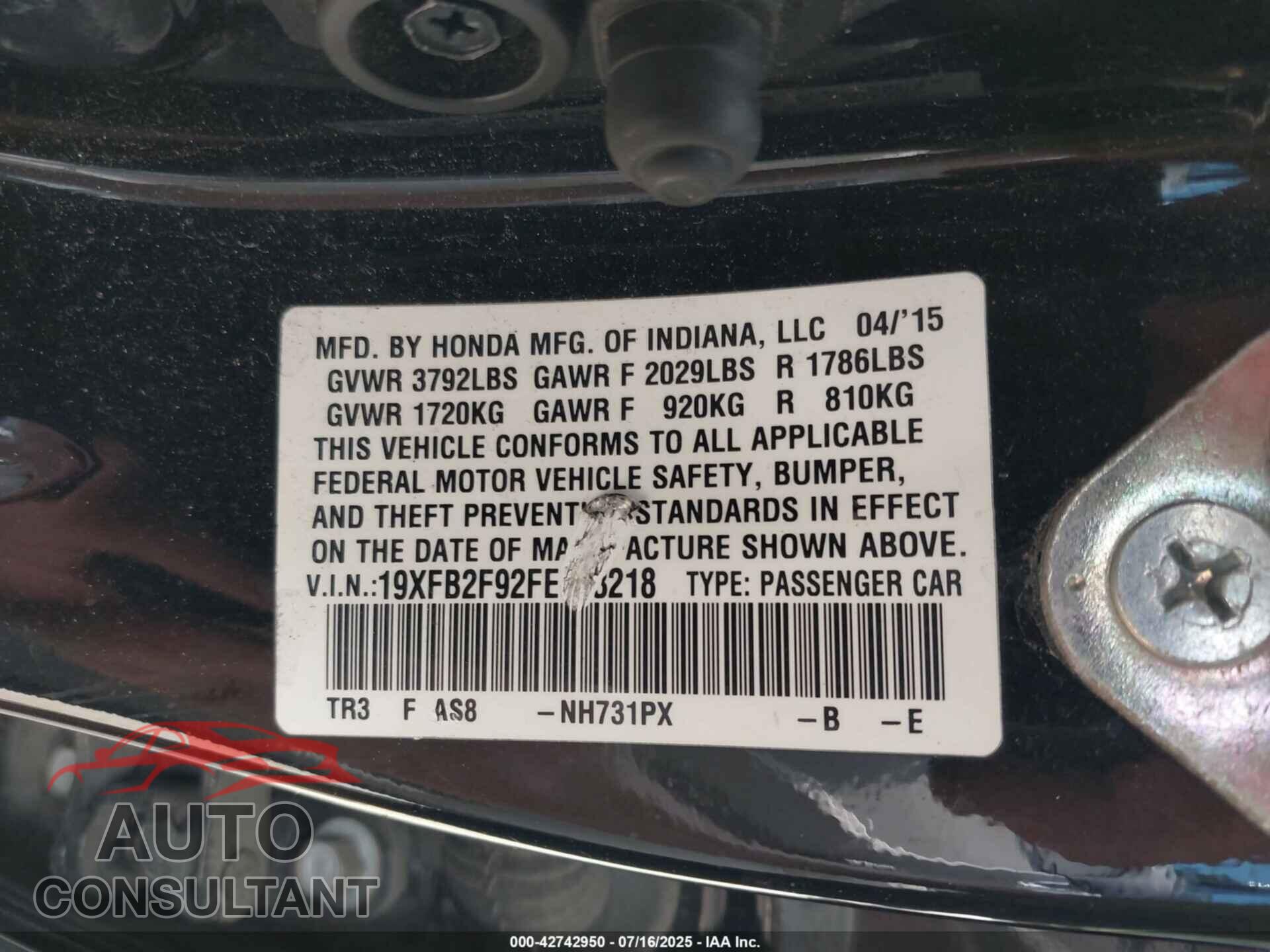 HONDA CIVIC 2015 - 19XFB2F92FE063218
