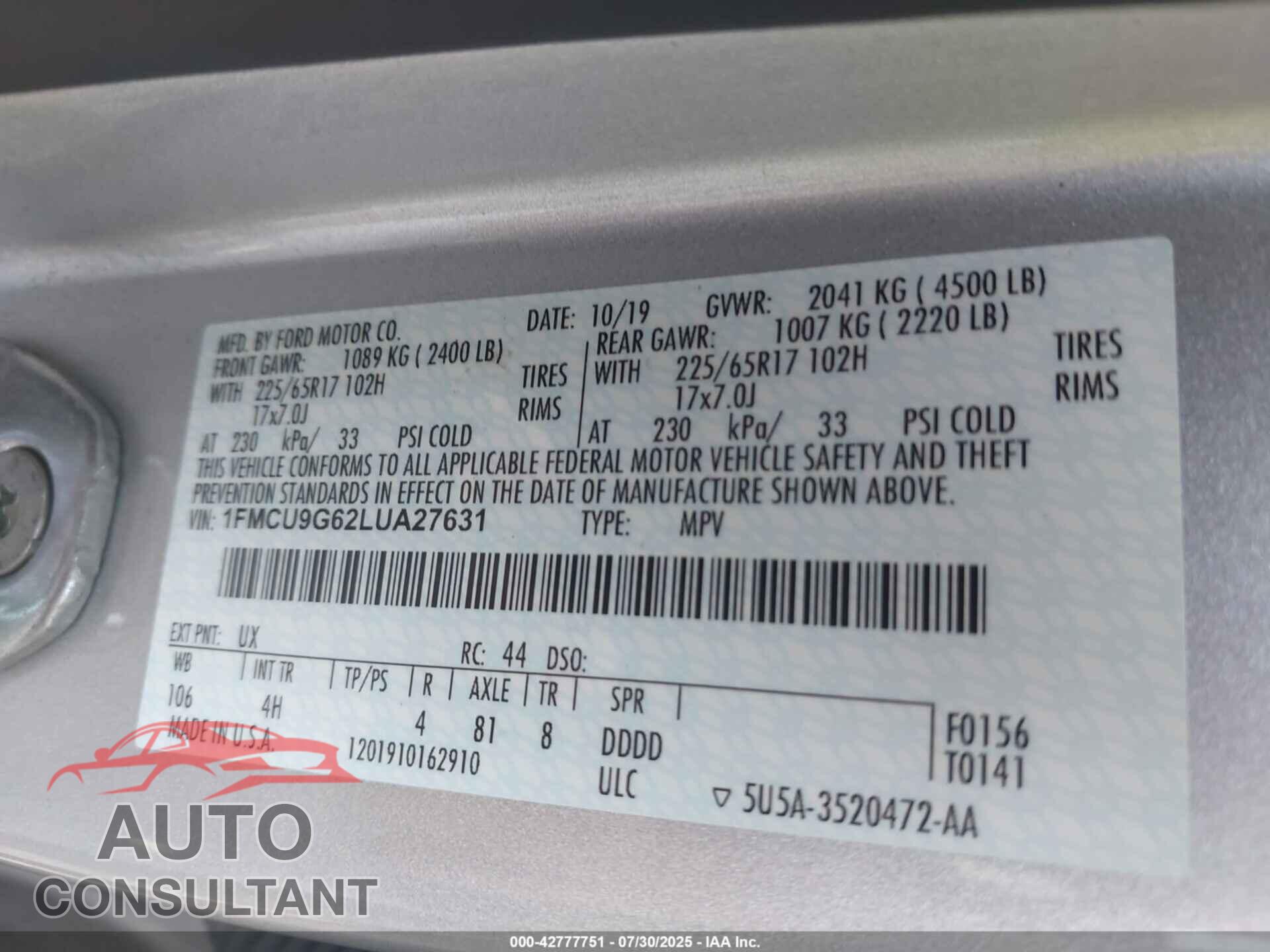 FORD ESCAPE 2020 - 1FMCU9G62LUA27631