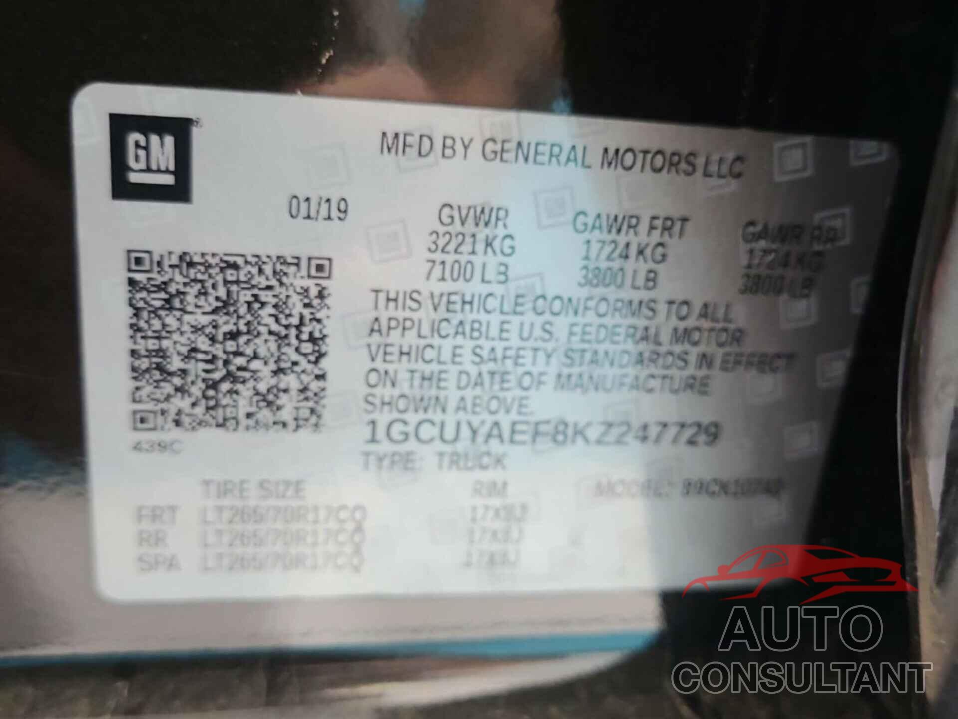 CHEVROLET SILVERADO 2019 - 1GCUYAEF8KZ247729