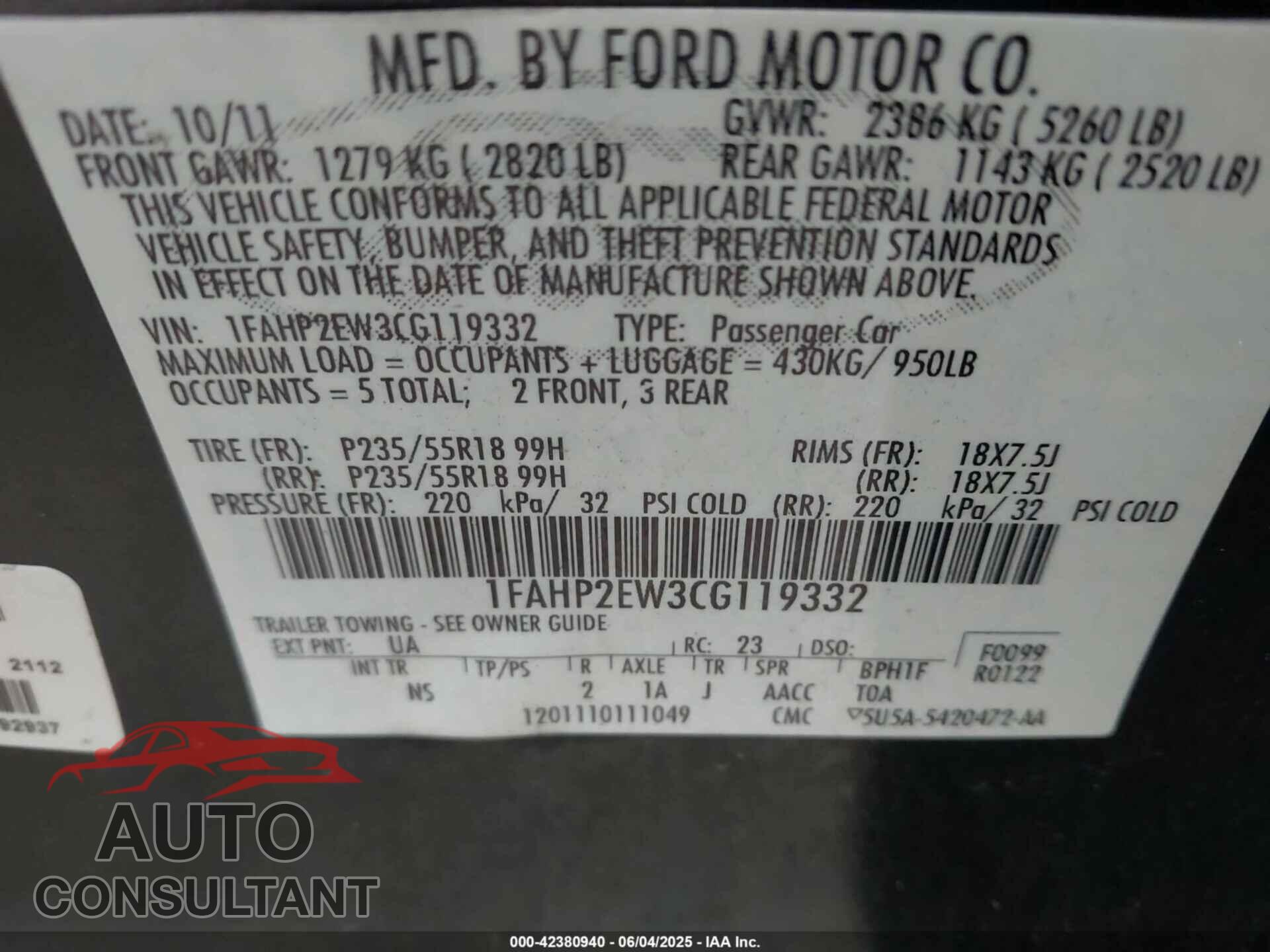 FORD TAURUS 2012 - 1FAHP2EW3CG119332