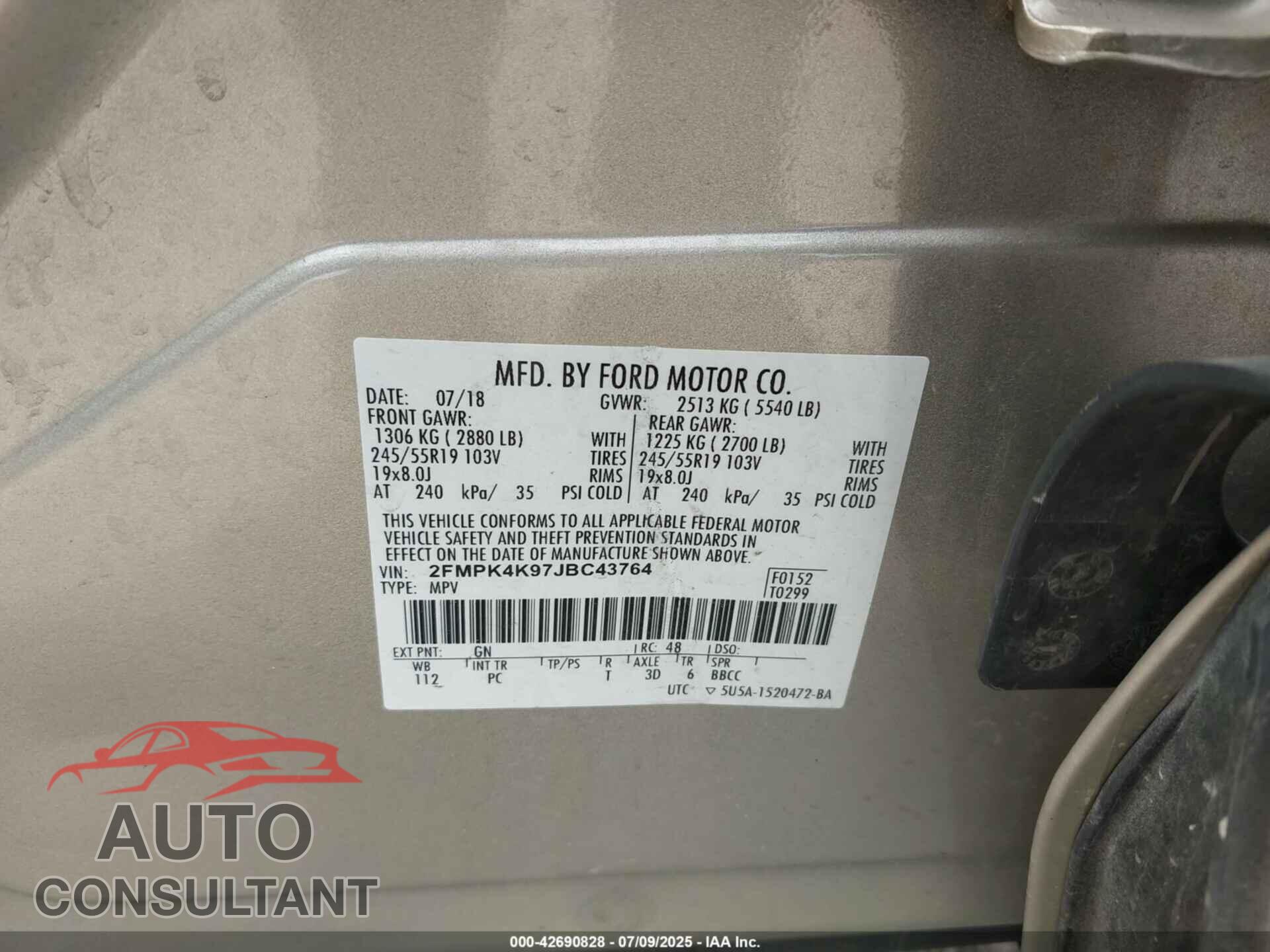 FORD EDGE 2018 - 2FMPK4K97JBC43764