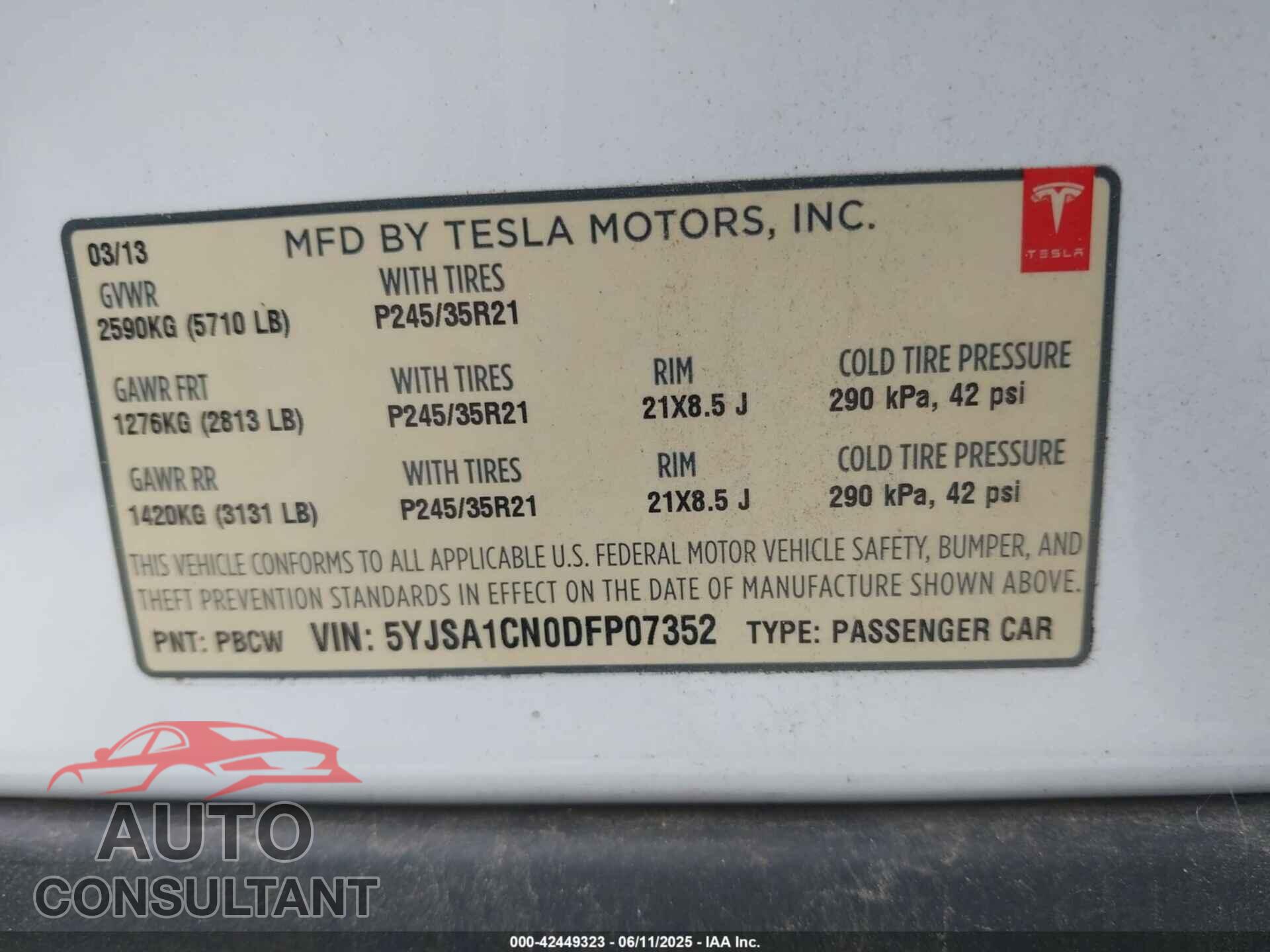 TESLA MODEL S 2013 - 5YJSA1CN0DFP07352